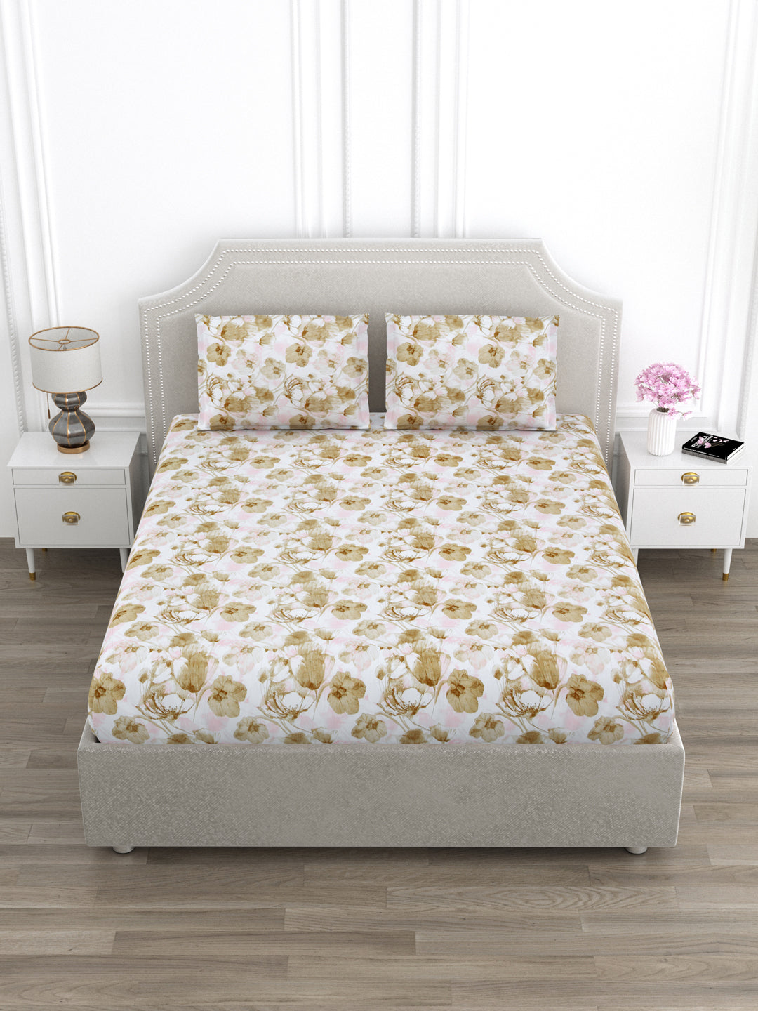 Brown Floral King Size Bed Cotton Linen