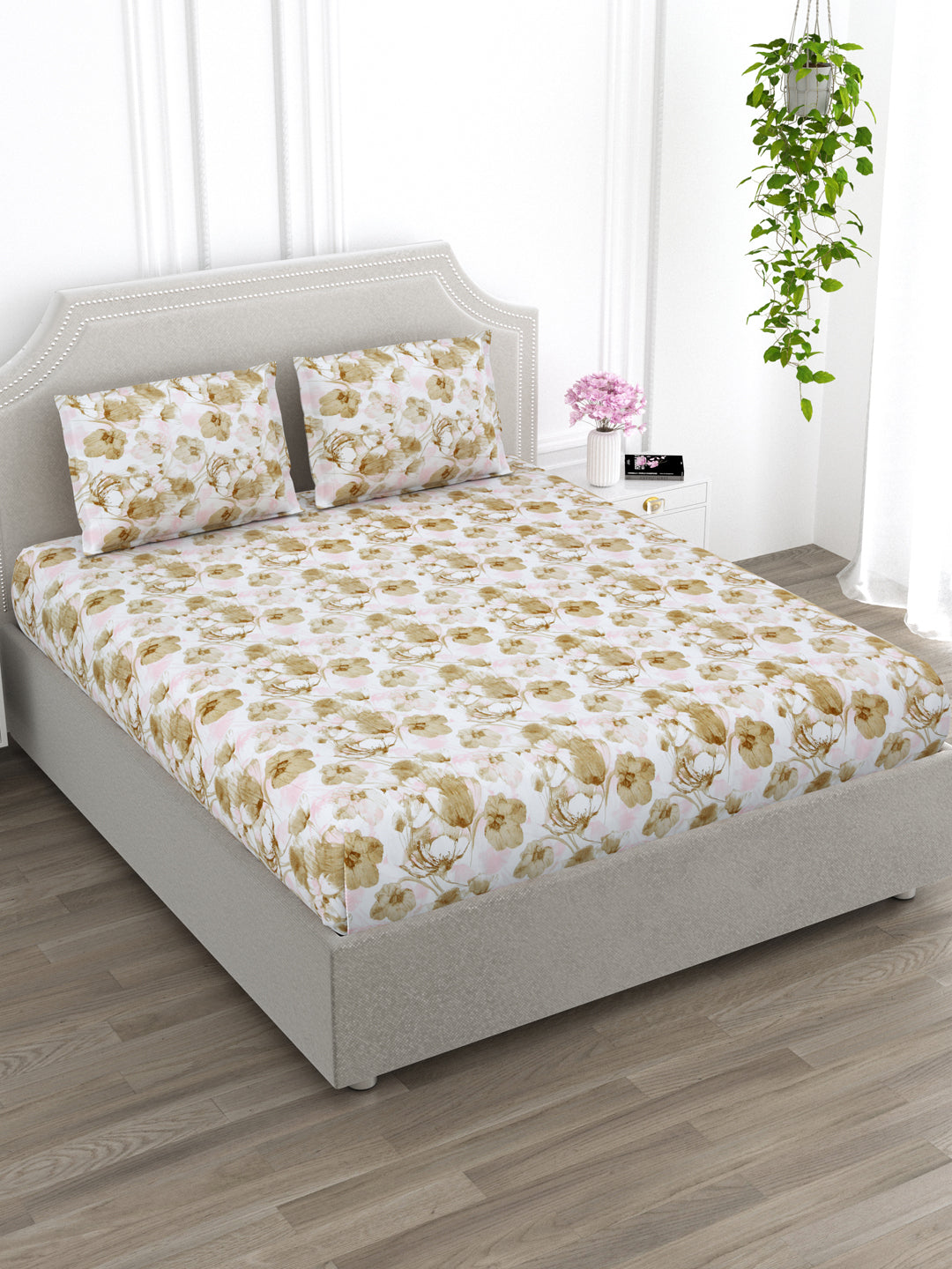 Brown Floral King Size Bed Cotton Linen