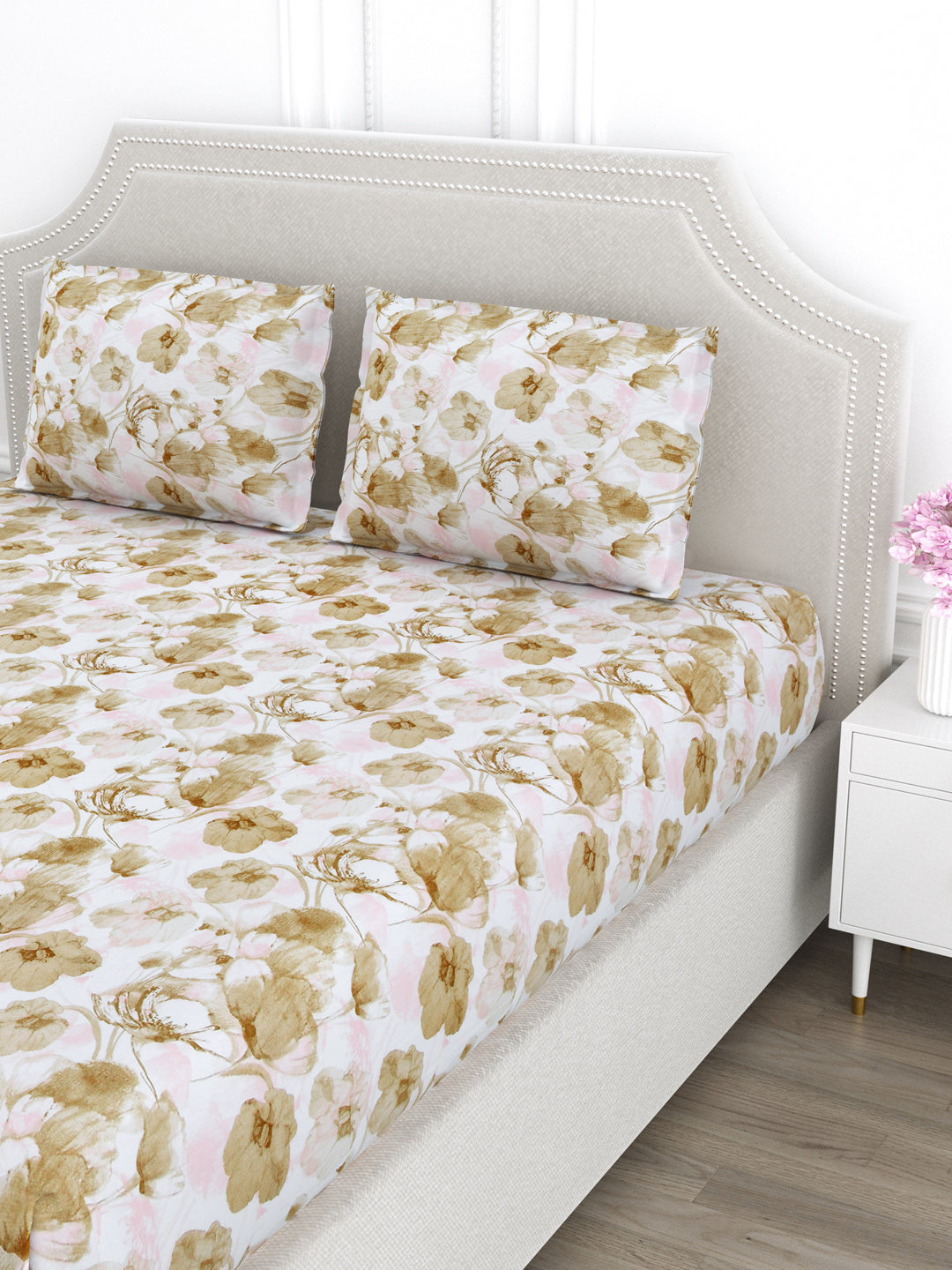 Brown Floral King Size Bed Cotton Linen