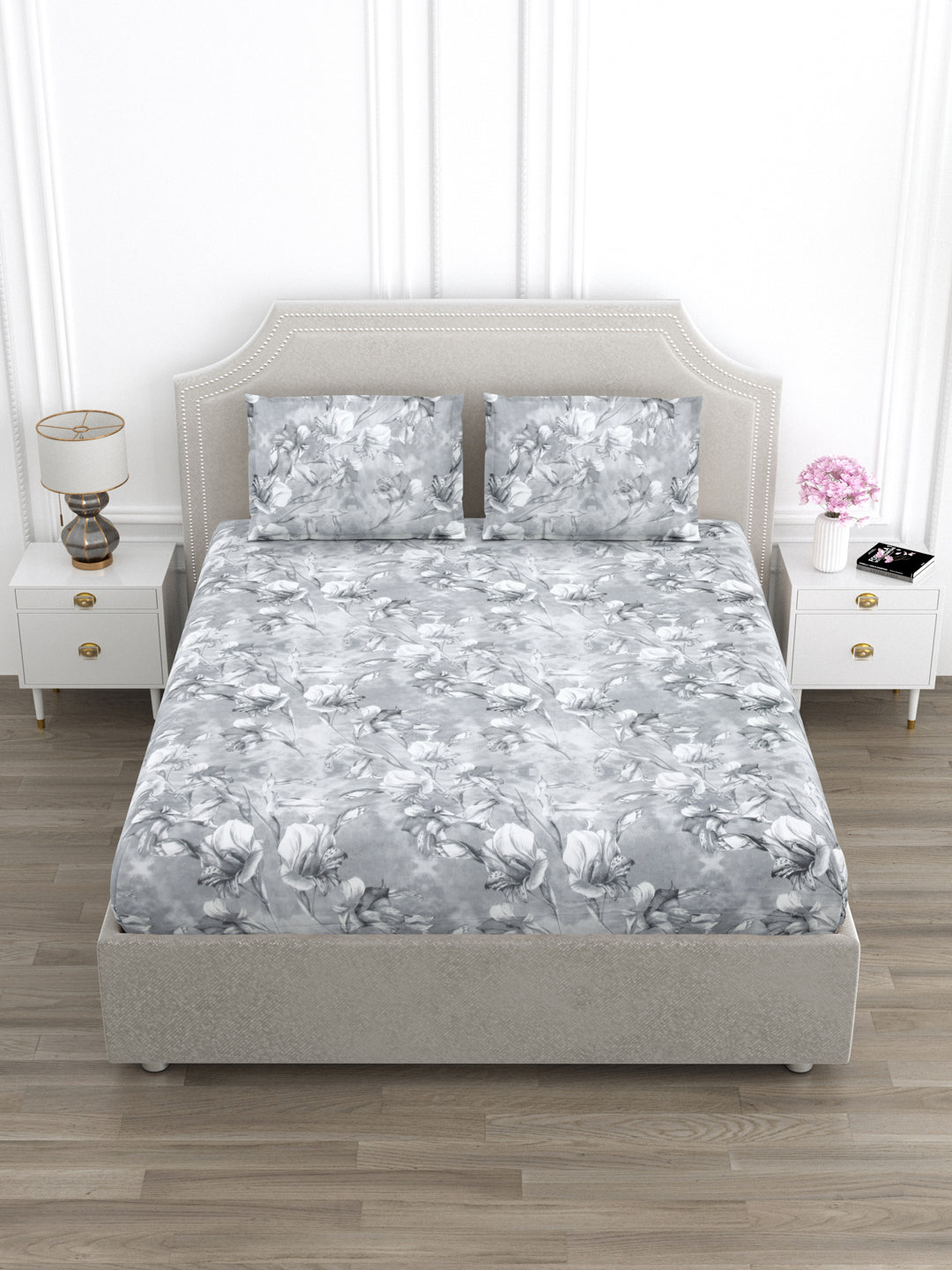 Grey Flora Print King Size Bed Cotton Linen
