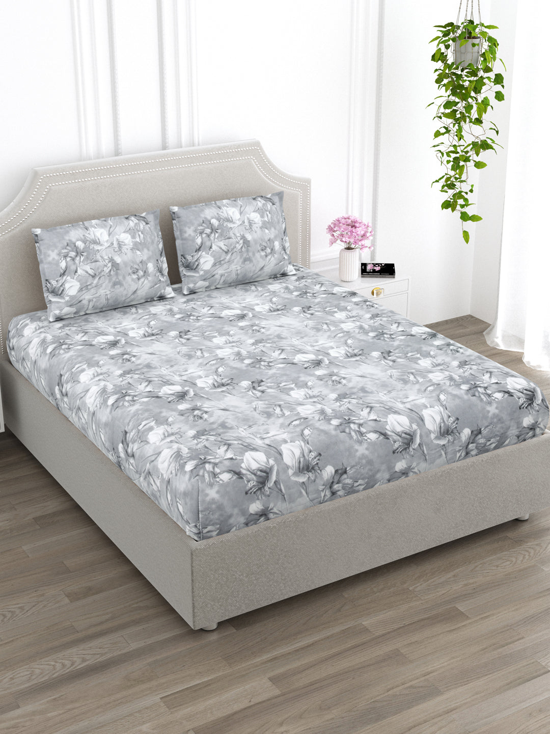 Grey Flora Print King Size Bed Cotton Linen