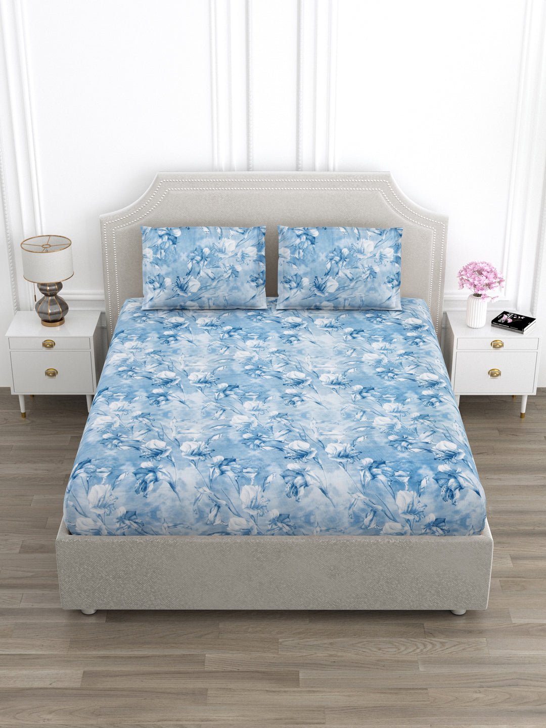 Blue Flora Print King Size Bed Cotton Linen