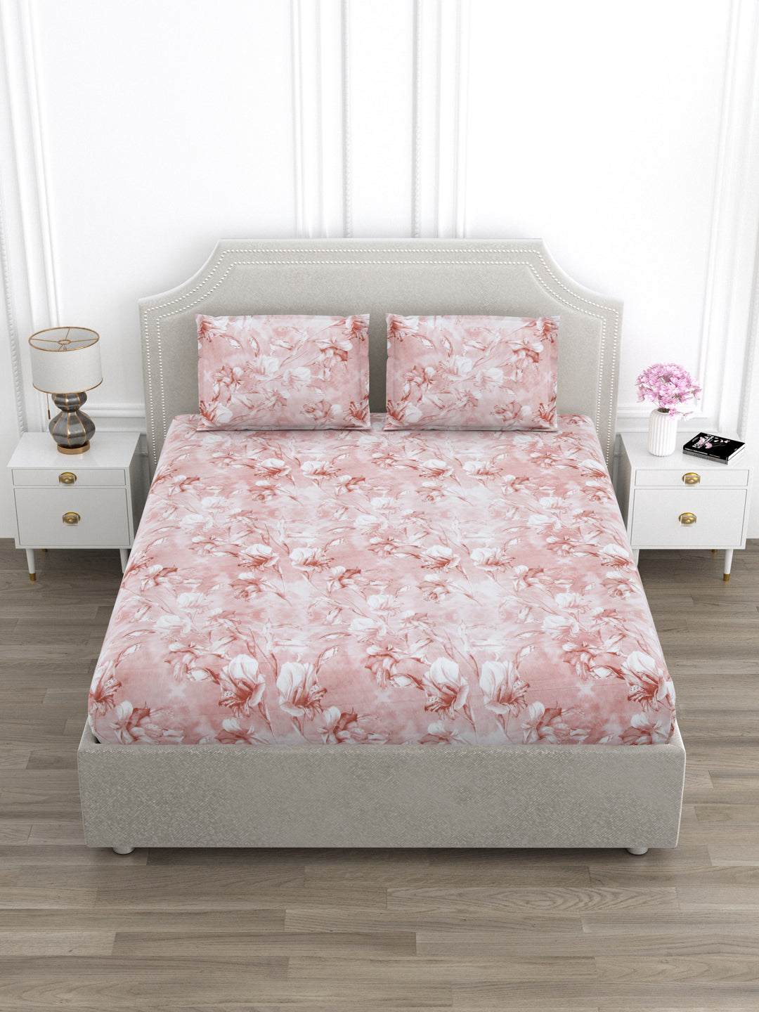 Pink Flora Print King Size Bed Cotton Linen