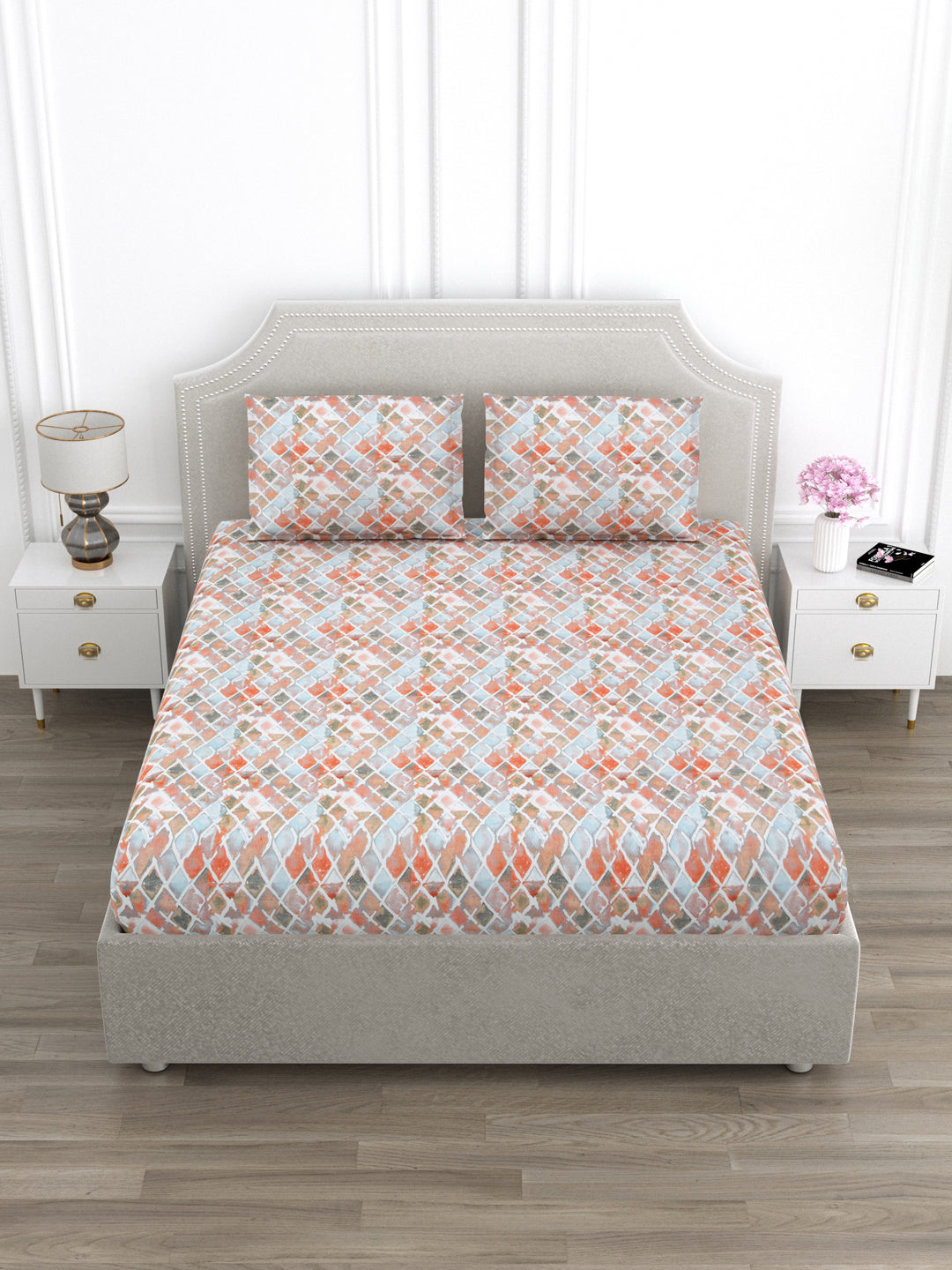 White & Orange Geometric King Size Bed Cotton Linen