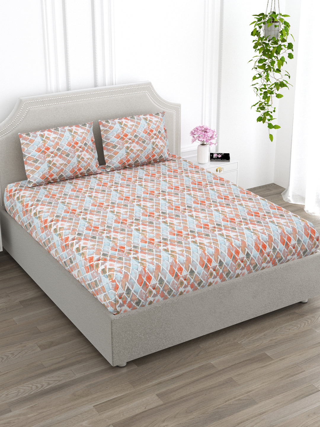 White & Orange Geometric King Size Bed Cotton Linen