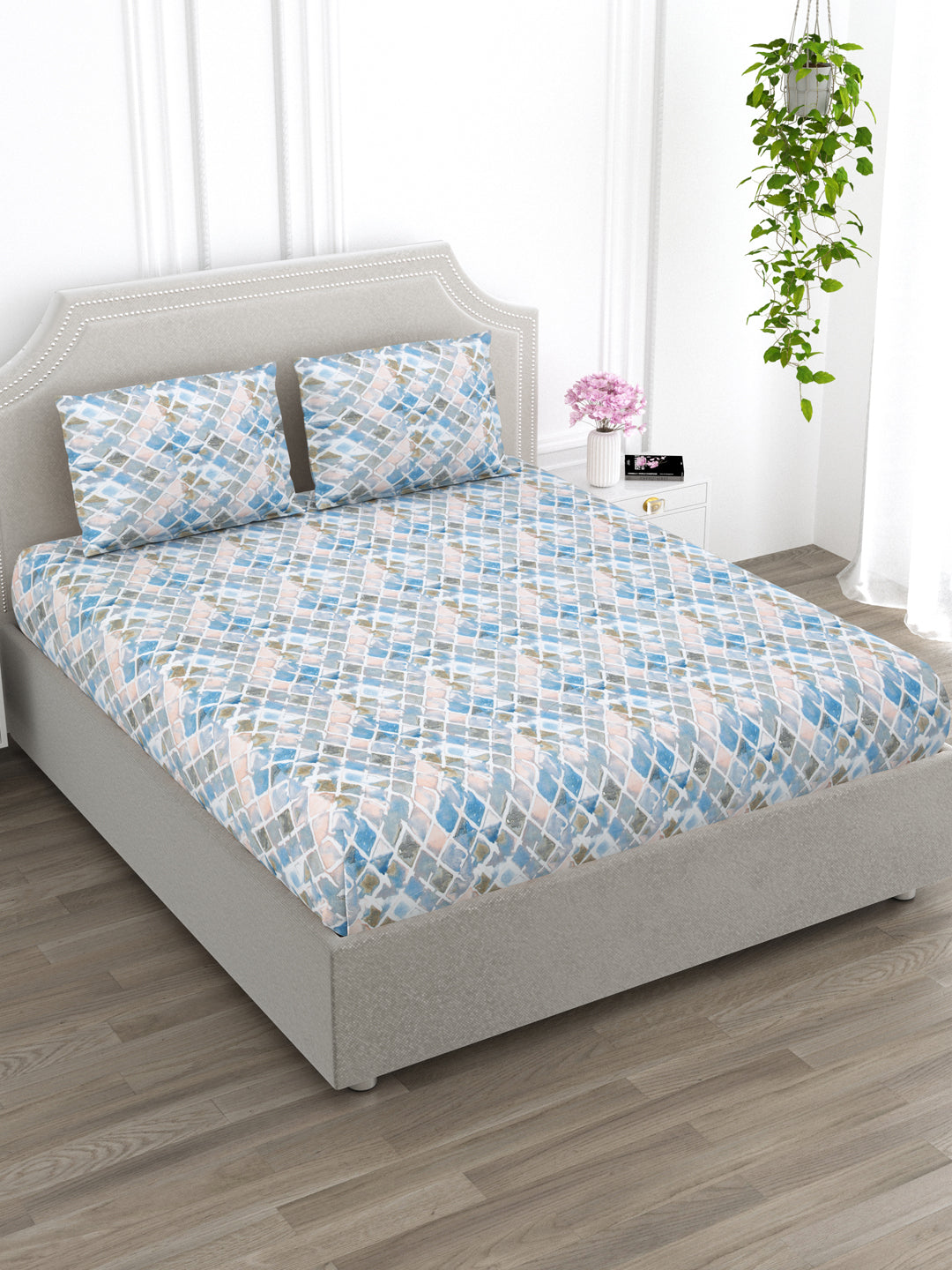 Blue & Pink Geometric King Size Bed Cotton Linen