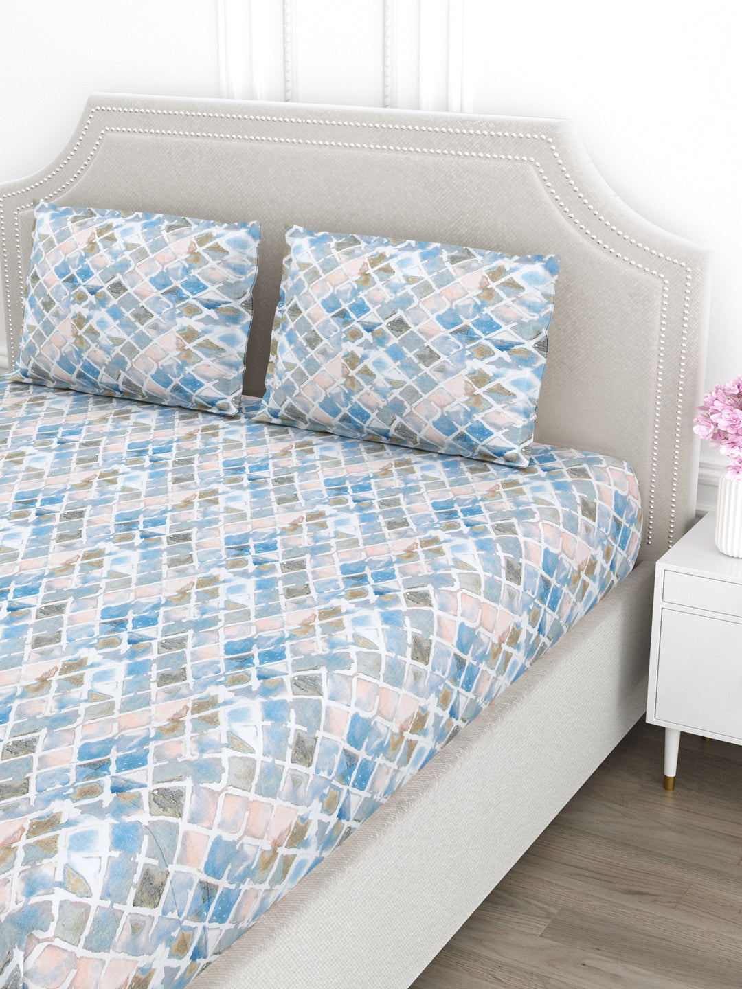 Blue & Pink Geometric King Size Bed Cotton Linen