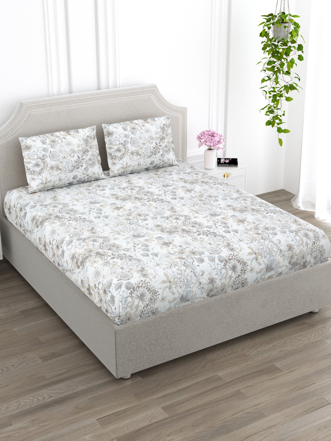 White Base Brown Floral King Size Bed Cotton Linen