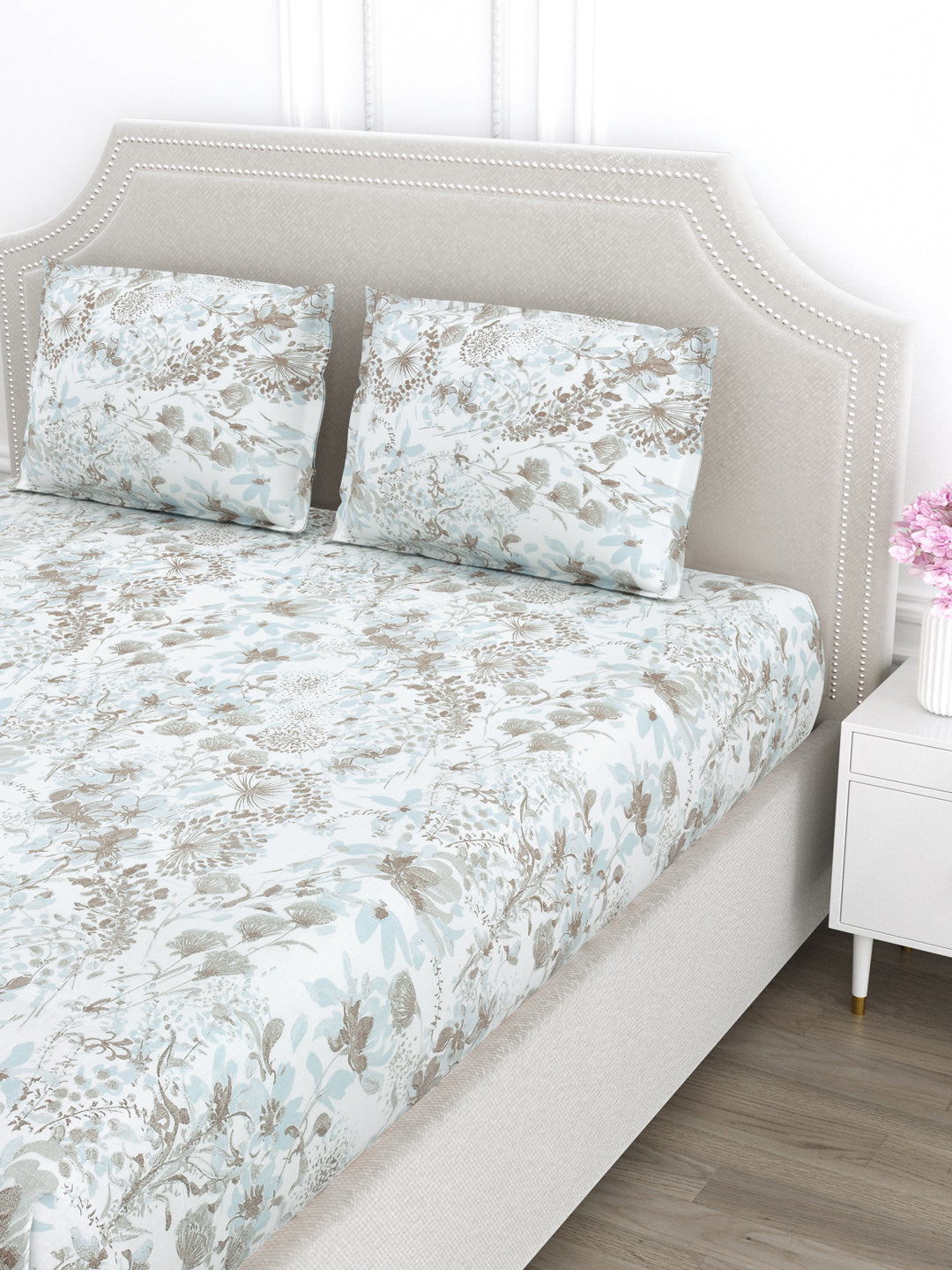 Blue & Brown Floral King Size Bed Cotton Linen