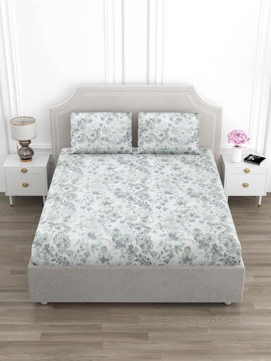 Green & Grey Floral King Size Bed Cotton Linen