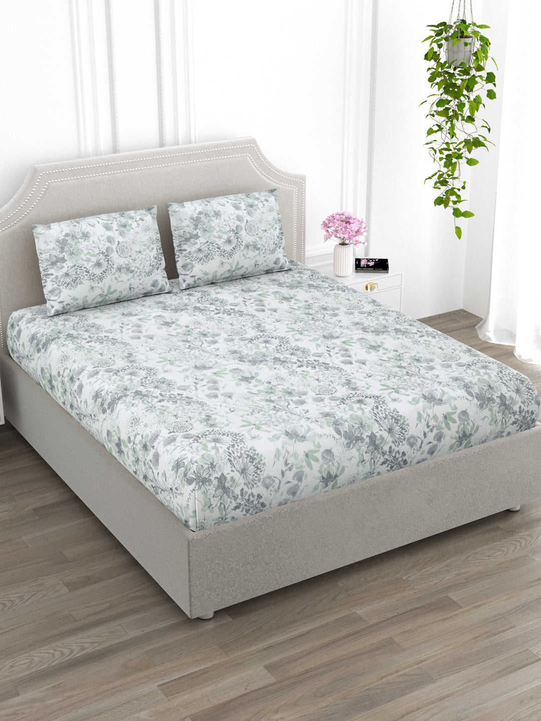 Green & Grey Floral King Size Bed Cotton Linen