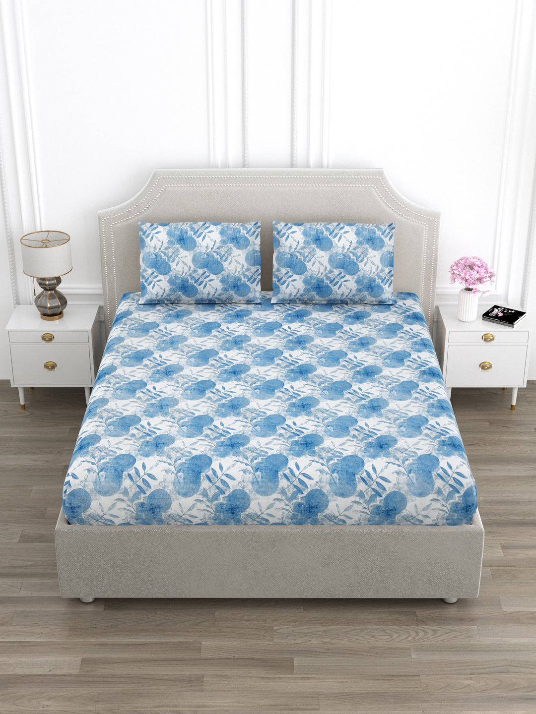 White & Blue Abstract Print King Size Bed Cotton Linen