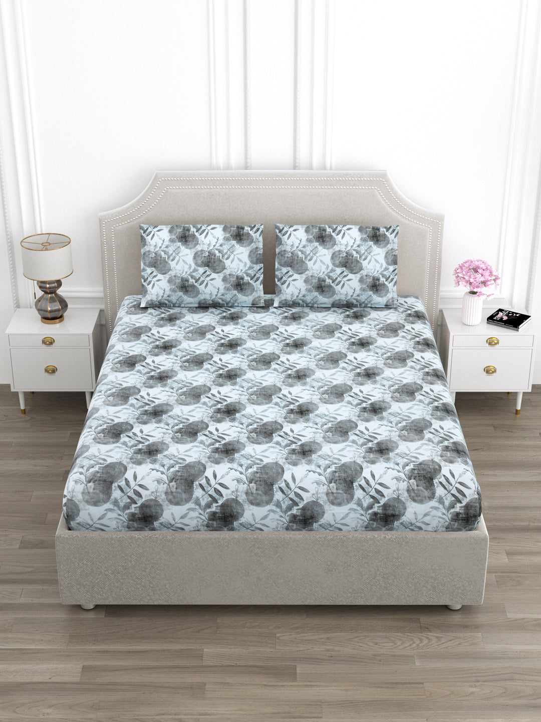 Blue & Grey Abstract Print King Size Bed Cotton Linen