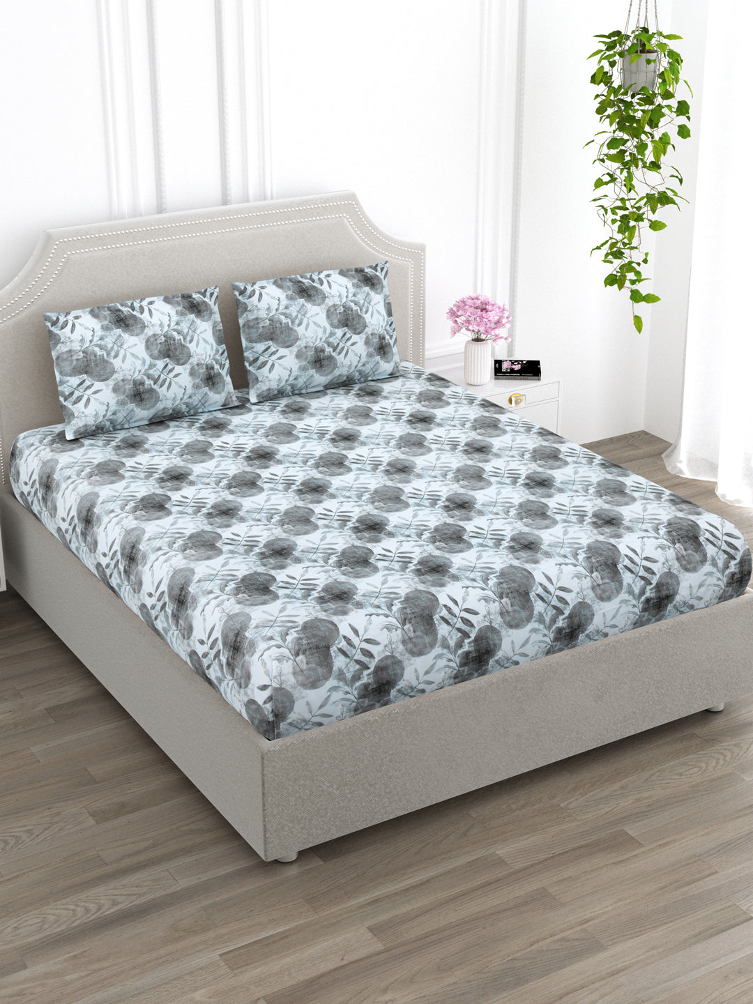Blue & Grey Abstract Print King Size Bed Cotton Linen