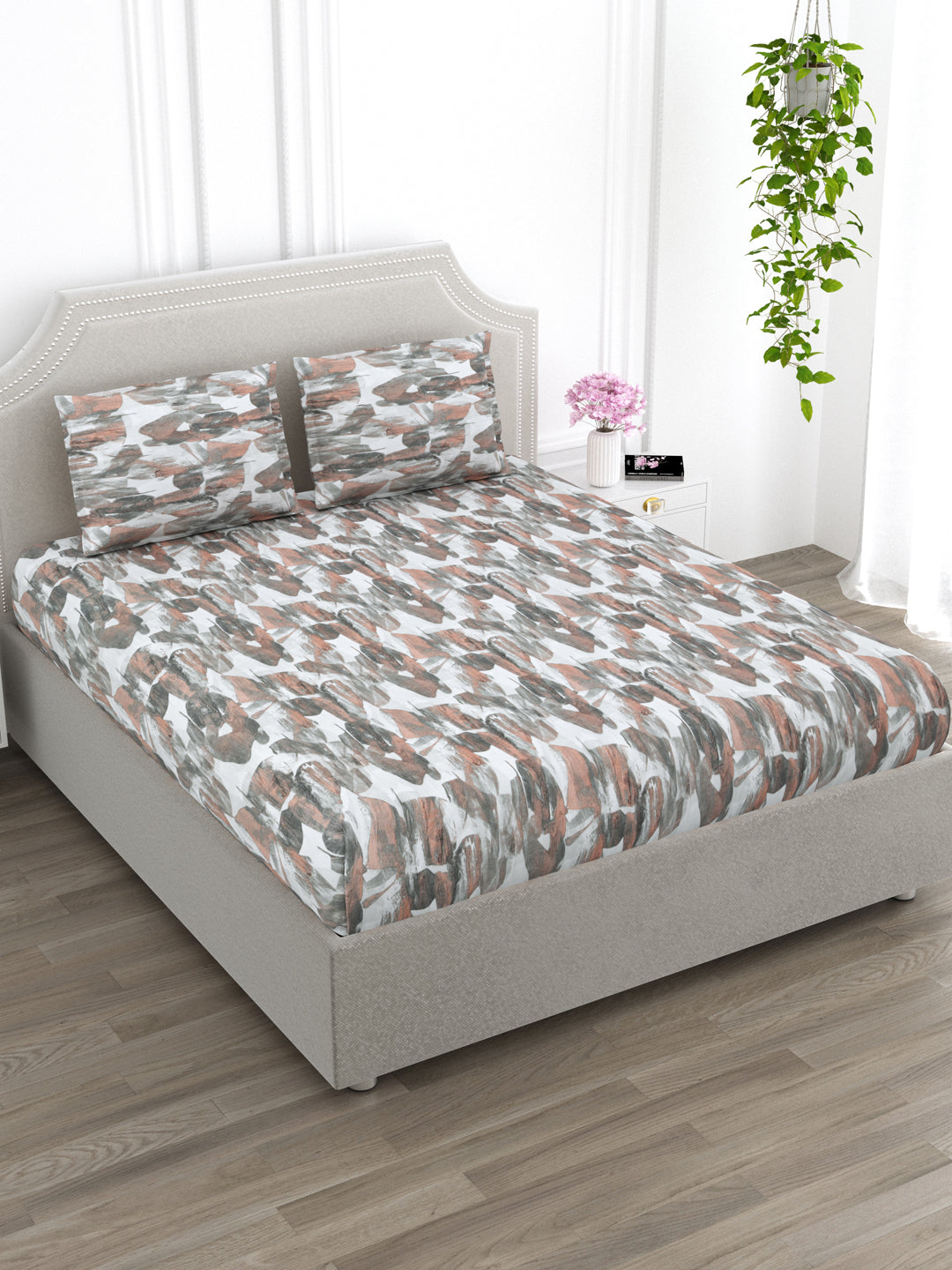 Grey & Orange Abstract Print King Size Bed Cotton Linen