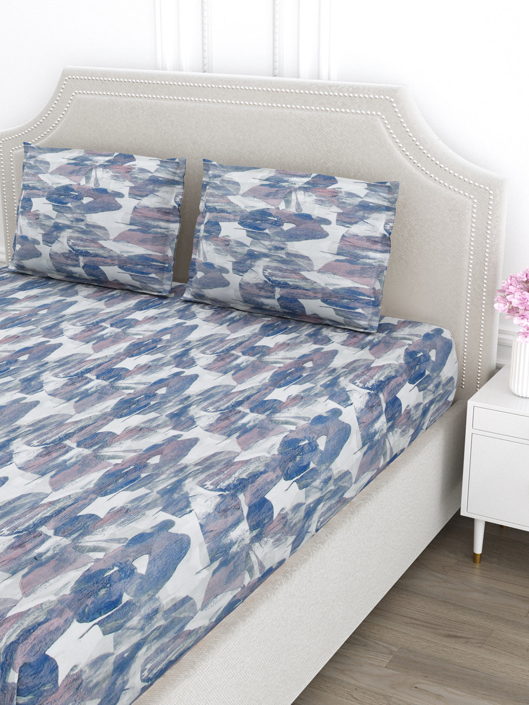Blue & Pink Abstract Print King Size Bed Cotton Linen