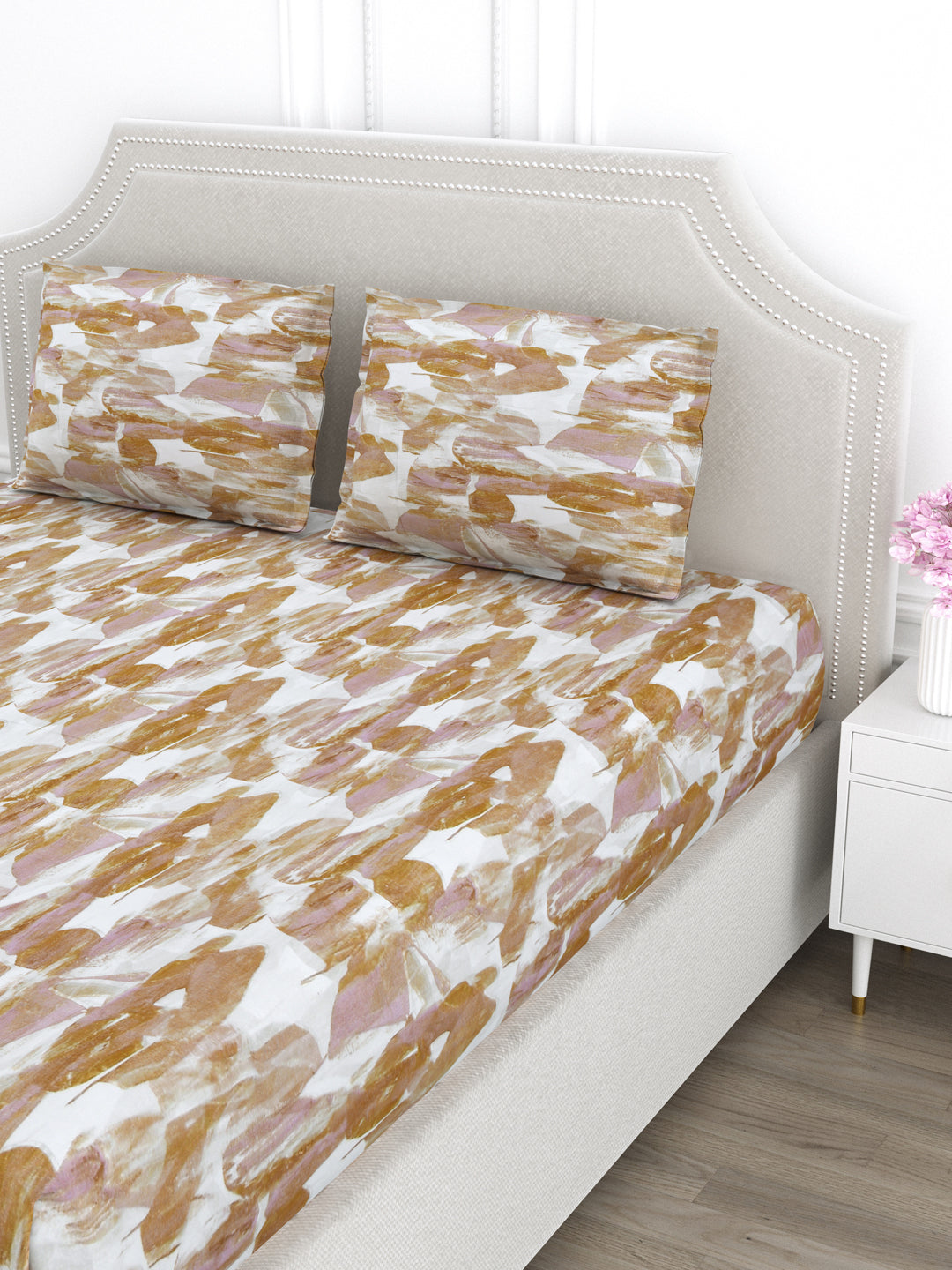 Brown & Pink Abstract Print King Size Bed Cotton Linen