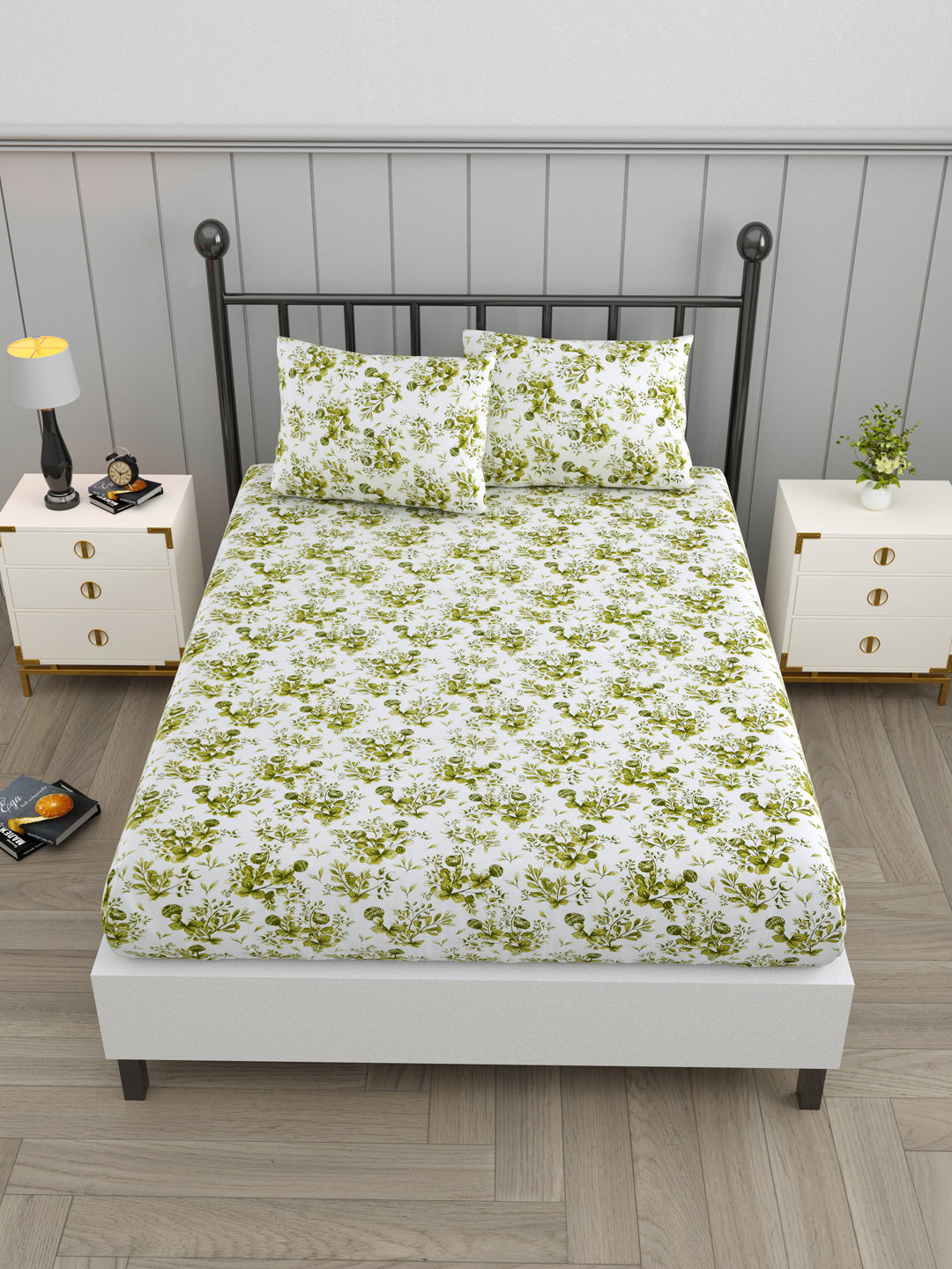 Green Leaf Print Double Bed Linen