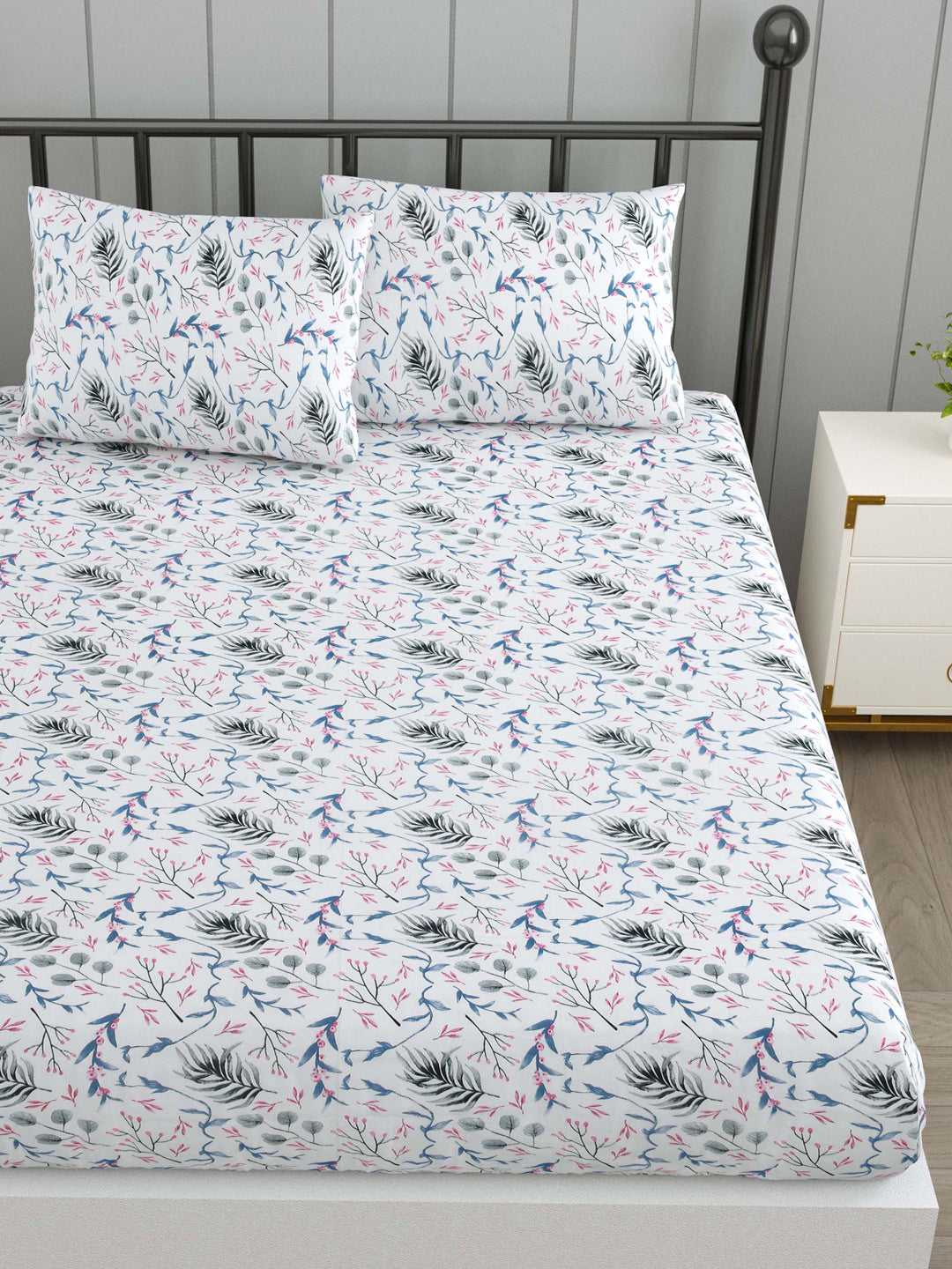 Blue & Pink Floral Print Double Bed Linen