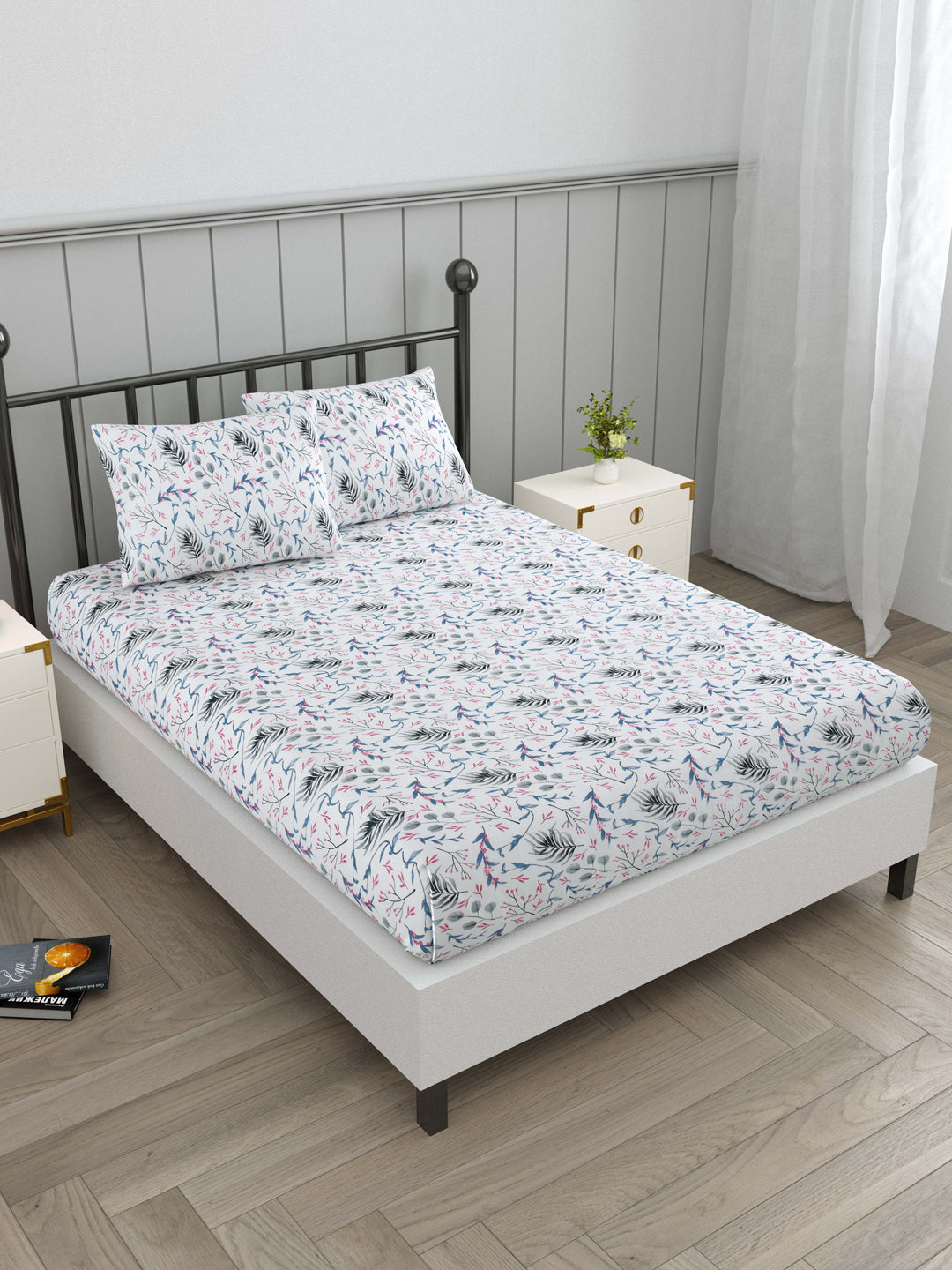 Blue & Pink Floral Print Double Bed Linen