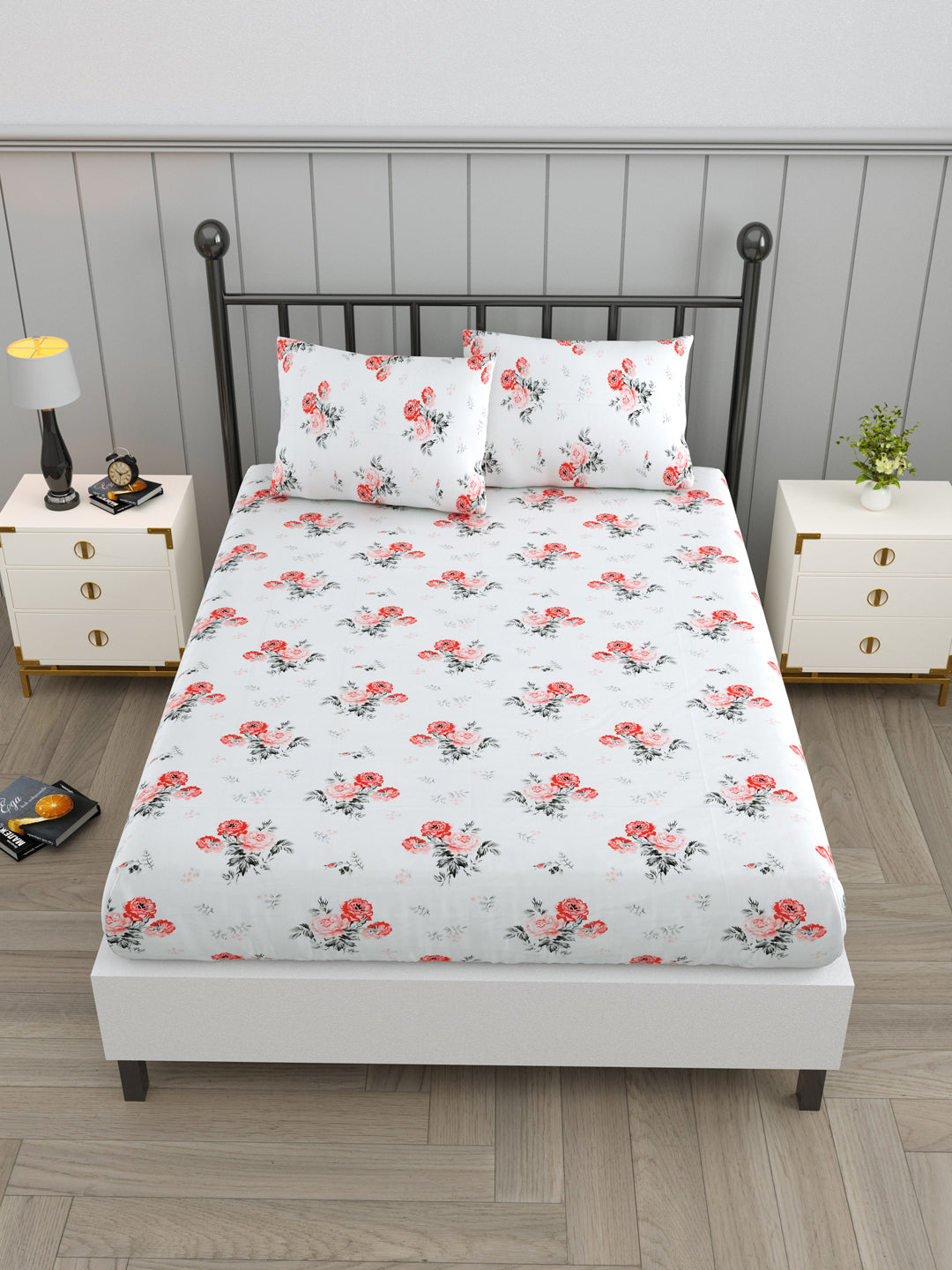 White & Orange Rose Print Double Bed Linen