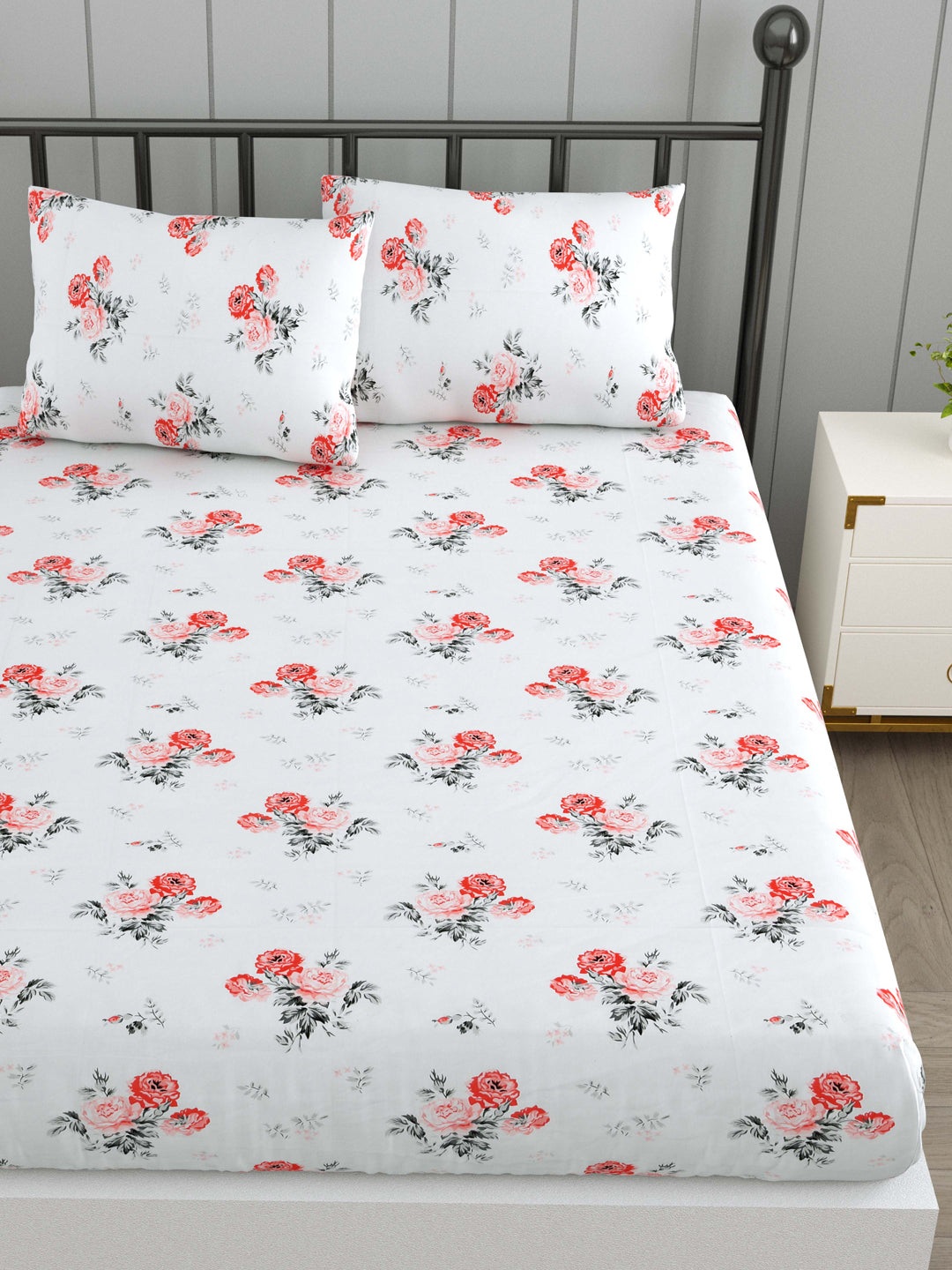 White & Orange Rose Print Double Bed Linen