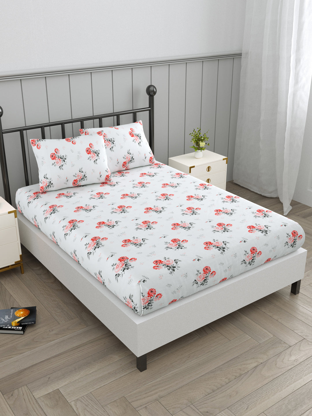 White & Orange Rose Print Double Bed Linen