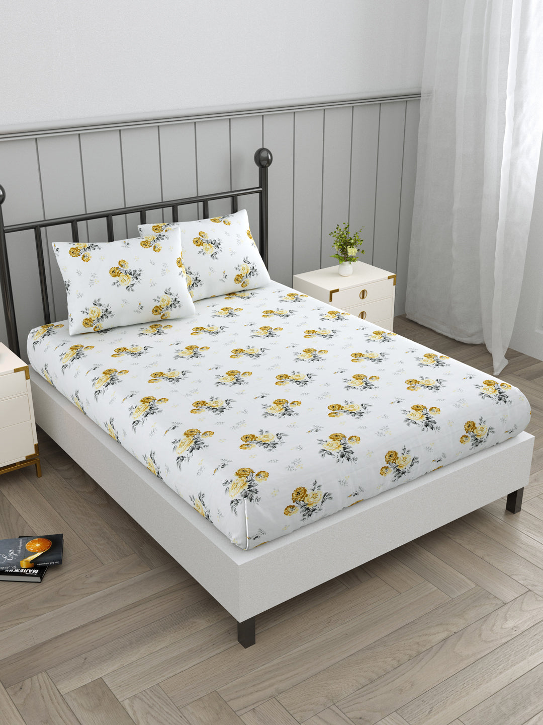 Yellow & White Rose Print Double Bed Linen