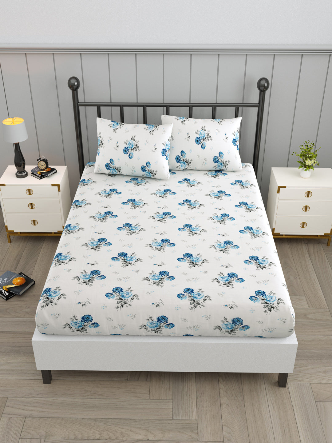White & Blue Rose Print Double Bed Linen