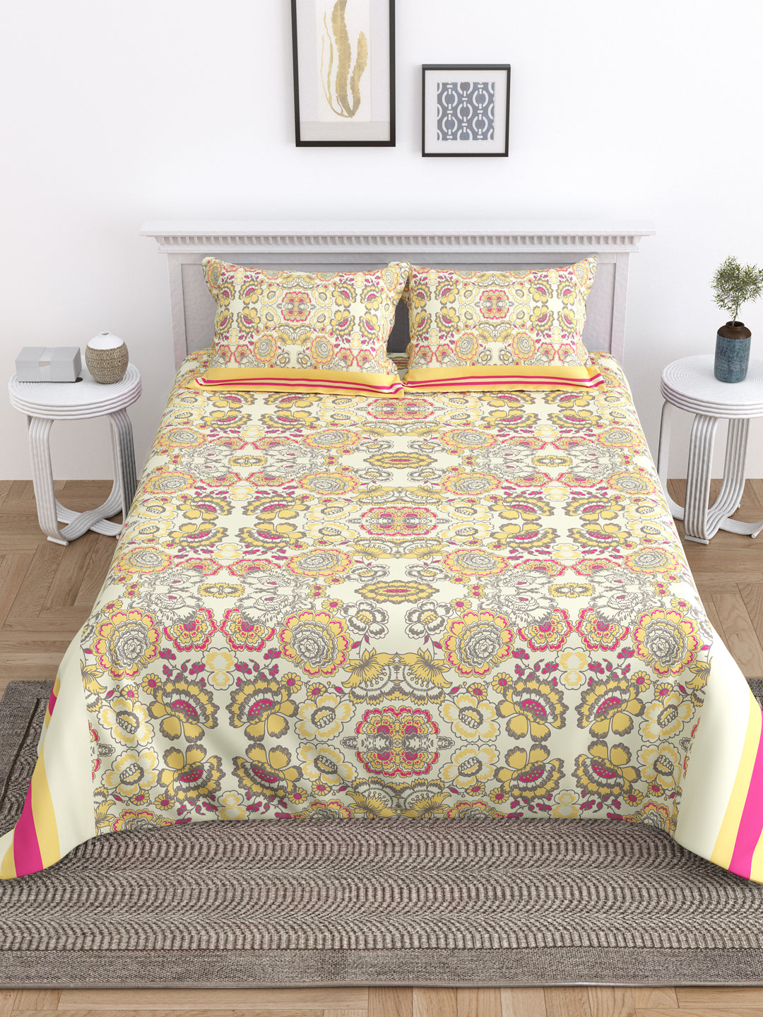 Yellow and Pink Floral Print Double King Cotton Bed Cover/Bed Spread