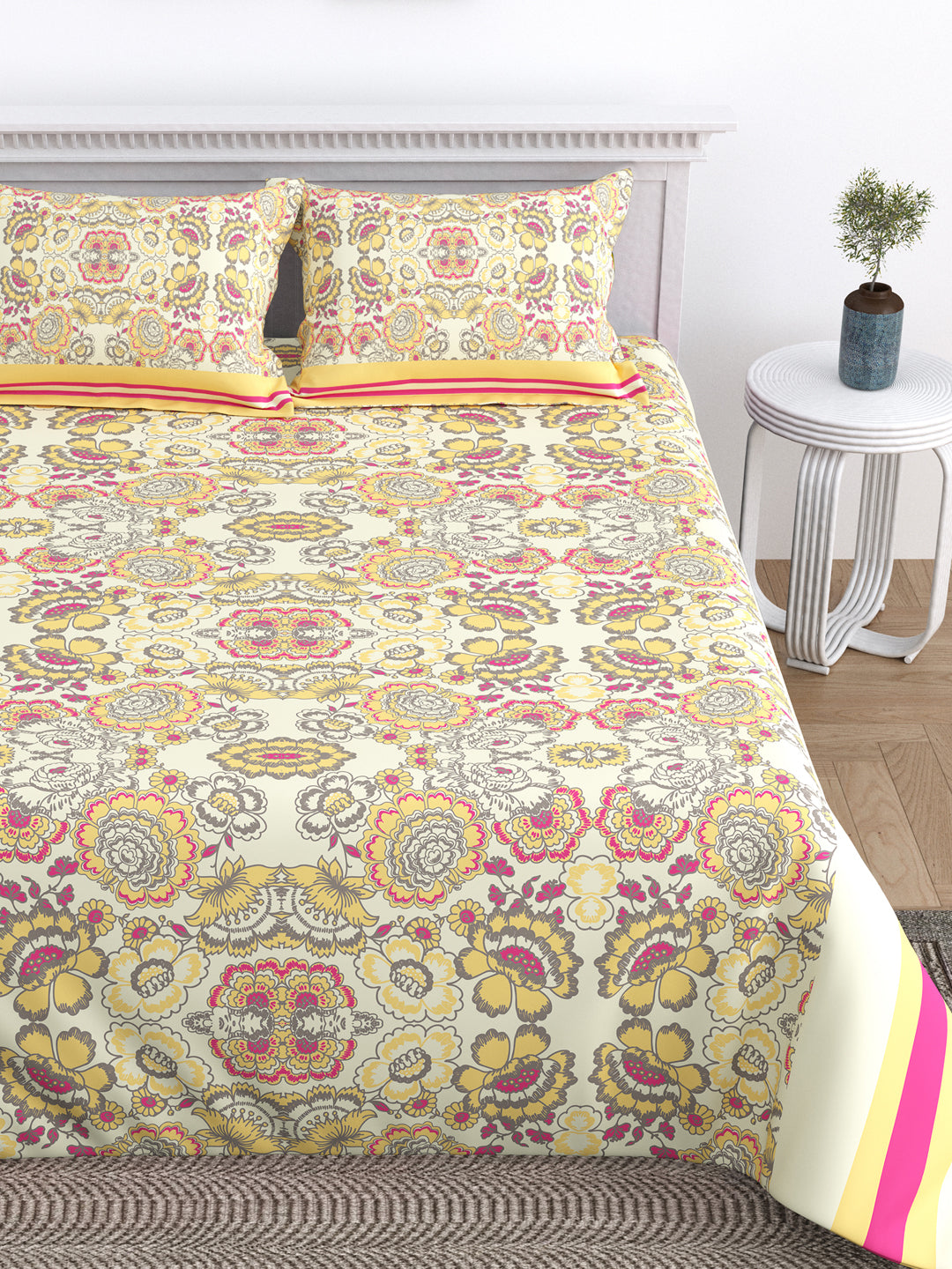 Yellow and Pink Floral Print Double King Cotton Bed Cover/Bed Spread