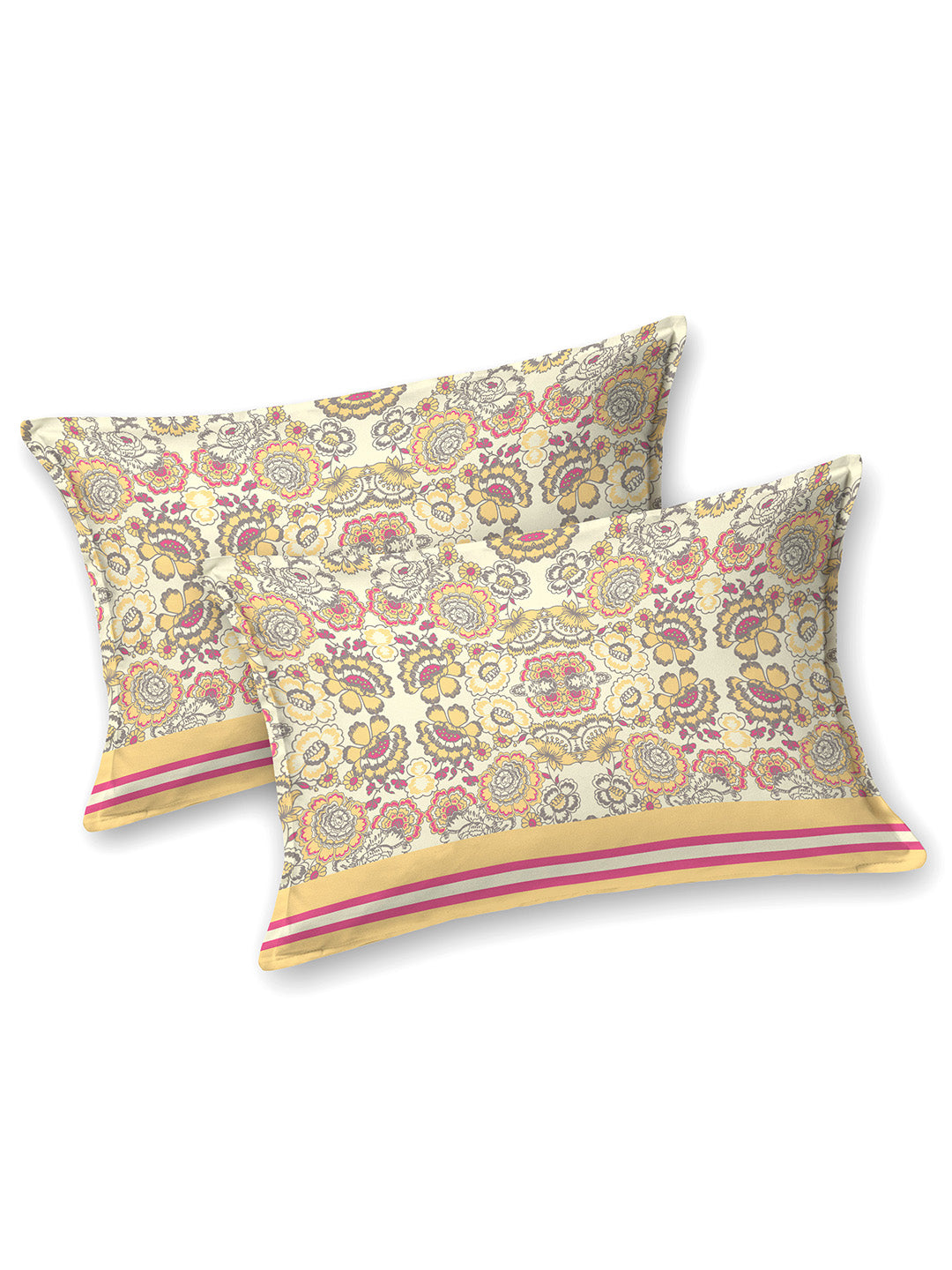 Yellow and Pink Floral Print Double King Cotton Bed Cover/Bed Spread