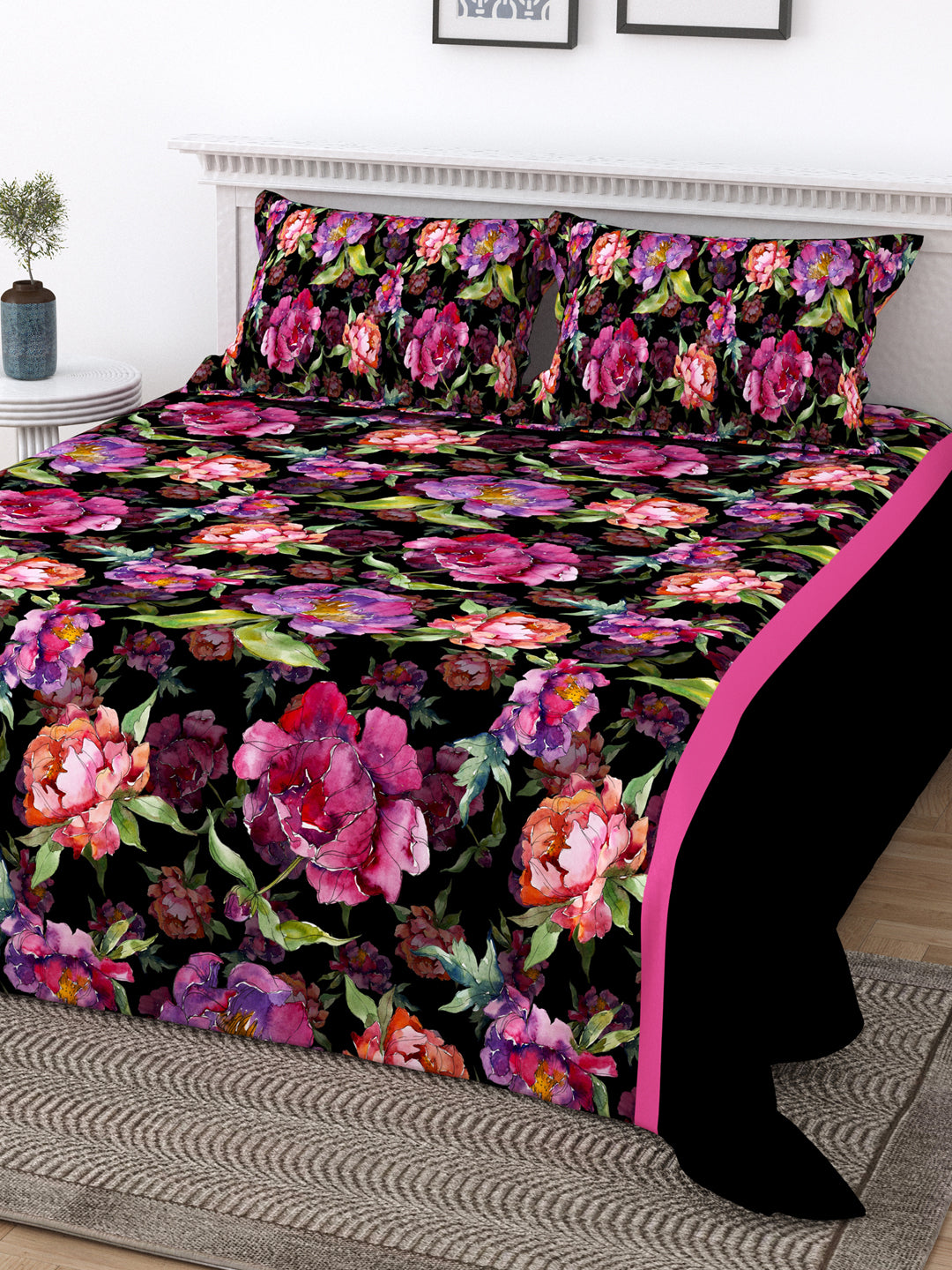 Black and Fuschia Floral Print Double King Cotton Bed Cover/Bed Spread