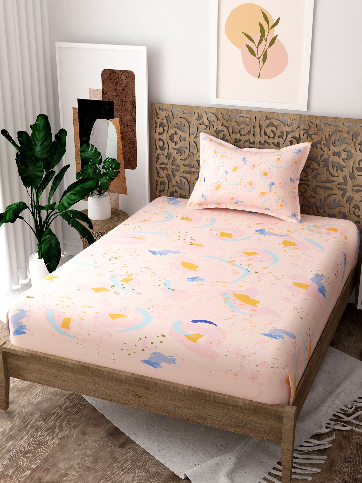 Light Pink Abstract Print Pure Cotton Single Bedsheet with 1 Pillow Cover
