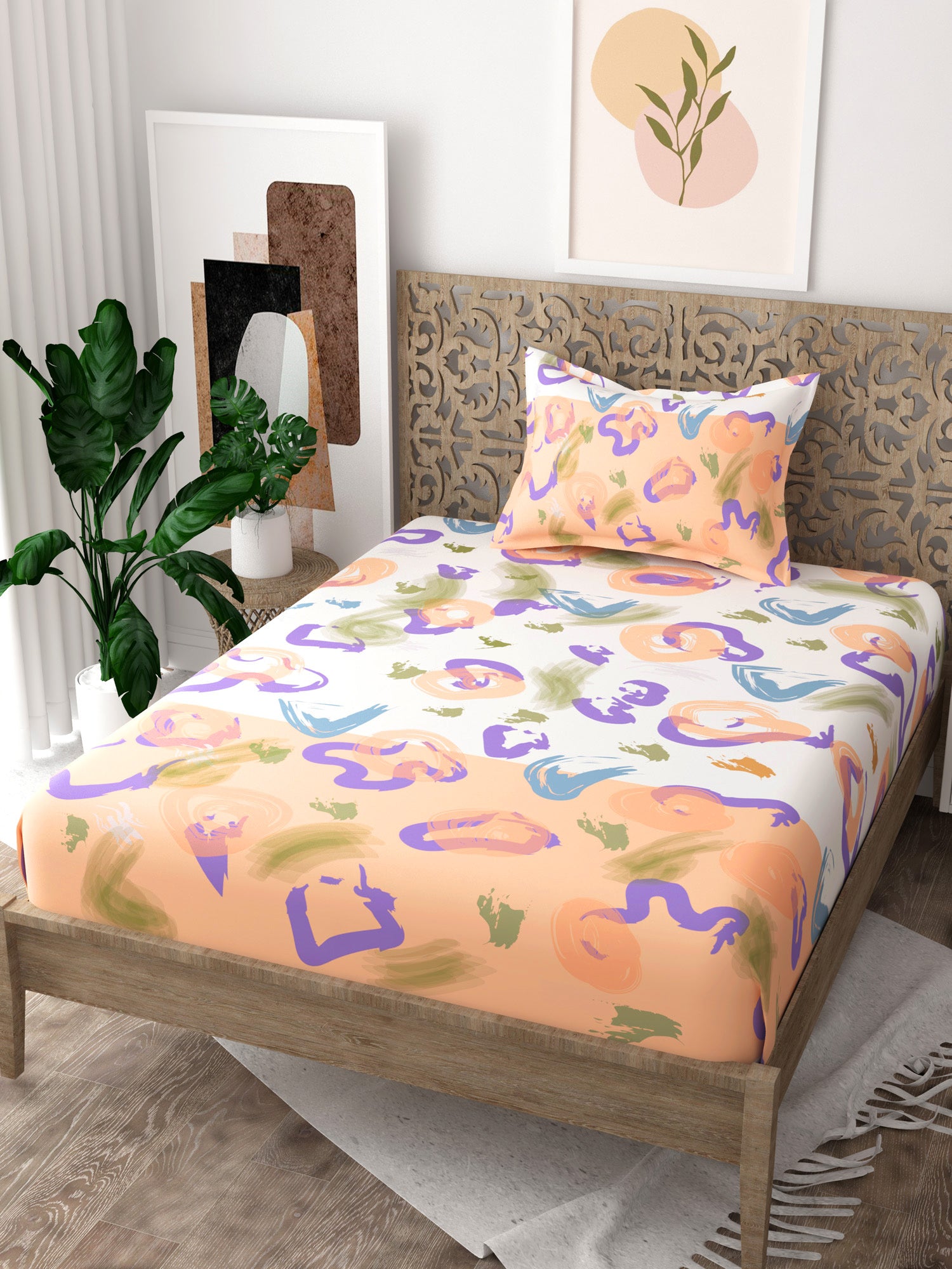White and Orange Abstract Print Pure Cotton Single Bedsheet with 1 Pillow Cover