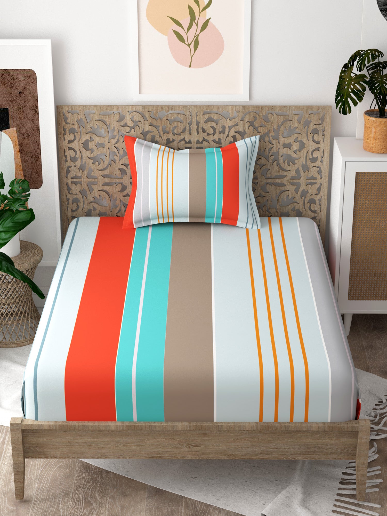 Blue and Orange Stripes Print Pure Cotton Single Bedsheet with 1 Pillow Cover