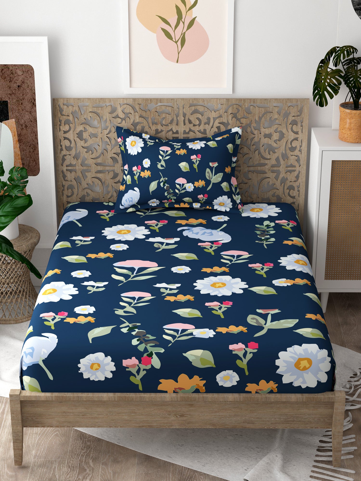 Dark Blue Floral Print Pure Cotton Single Bedsheet with 1 Pillow Cover