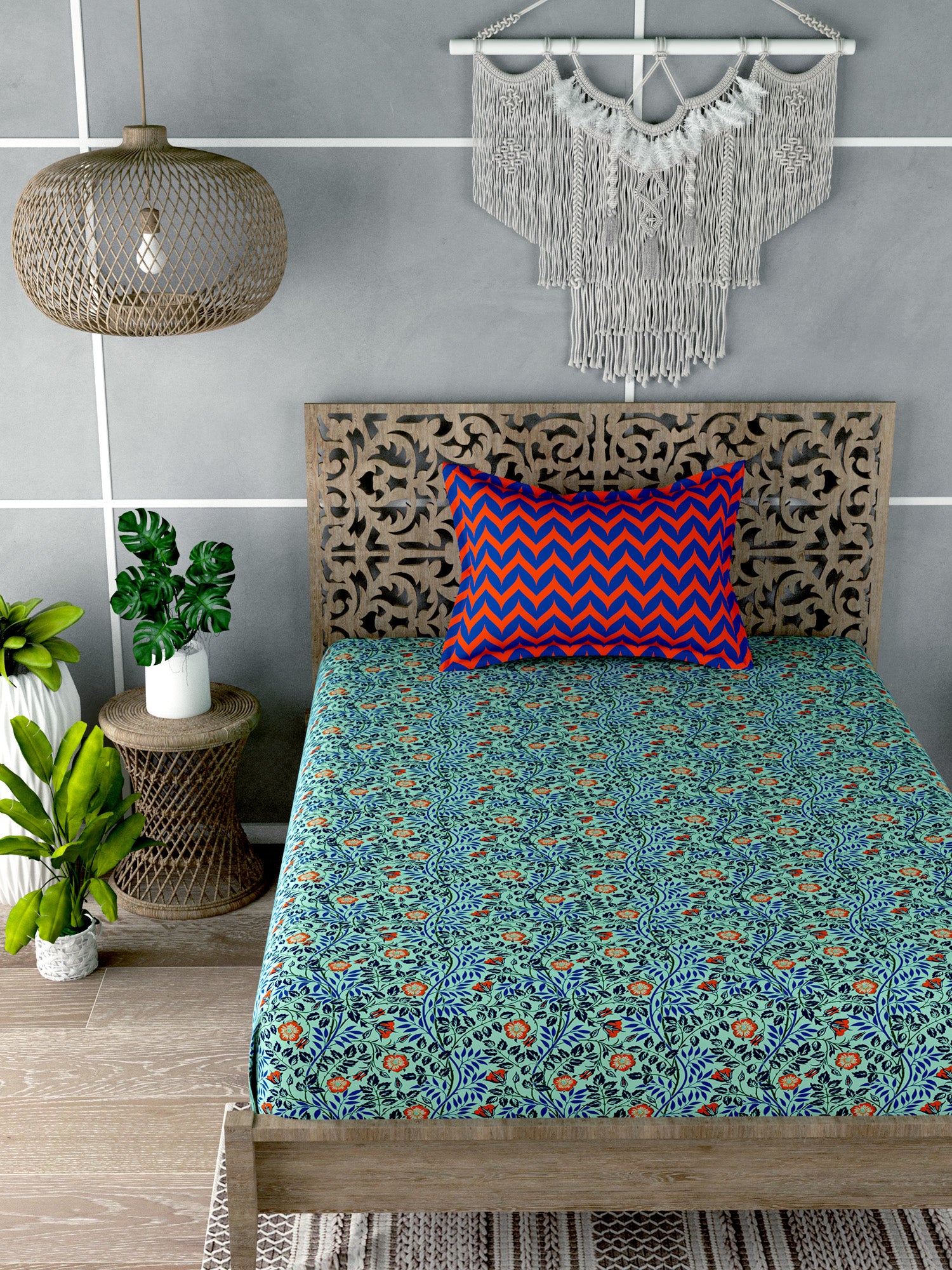 Sea Green Floral Print Single Bedsheet with 1 Pillow Cover