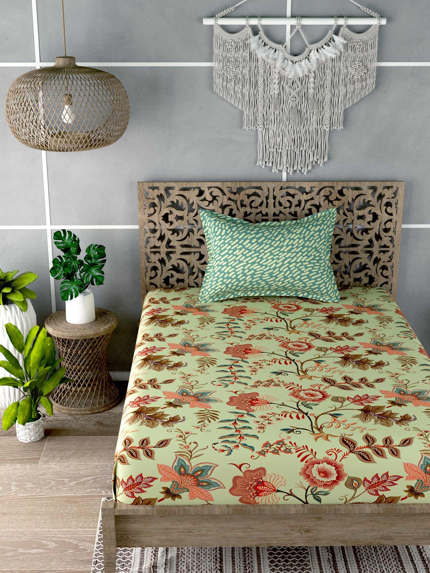 Green & Peach-Coloured Single Bedsheet with 1 Pillow Cover