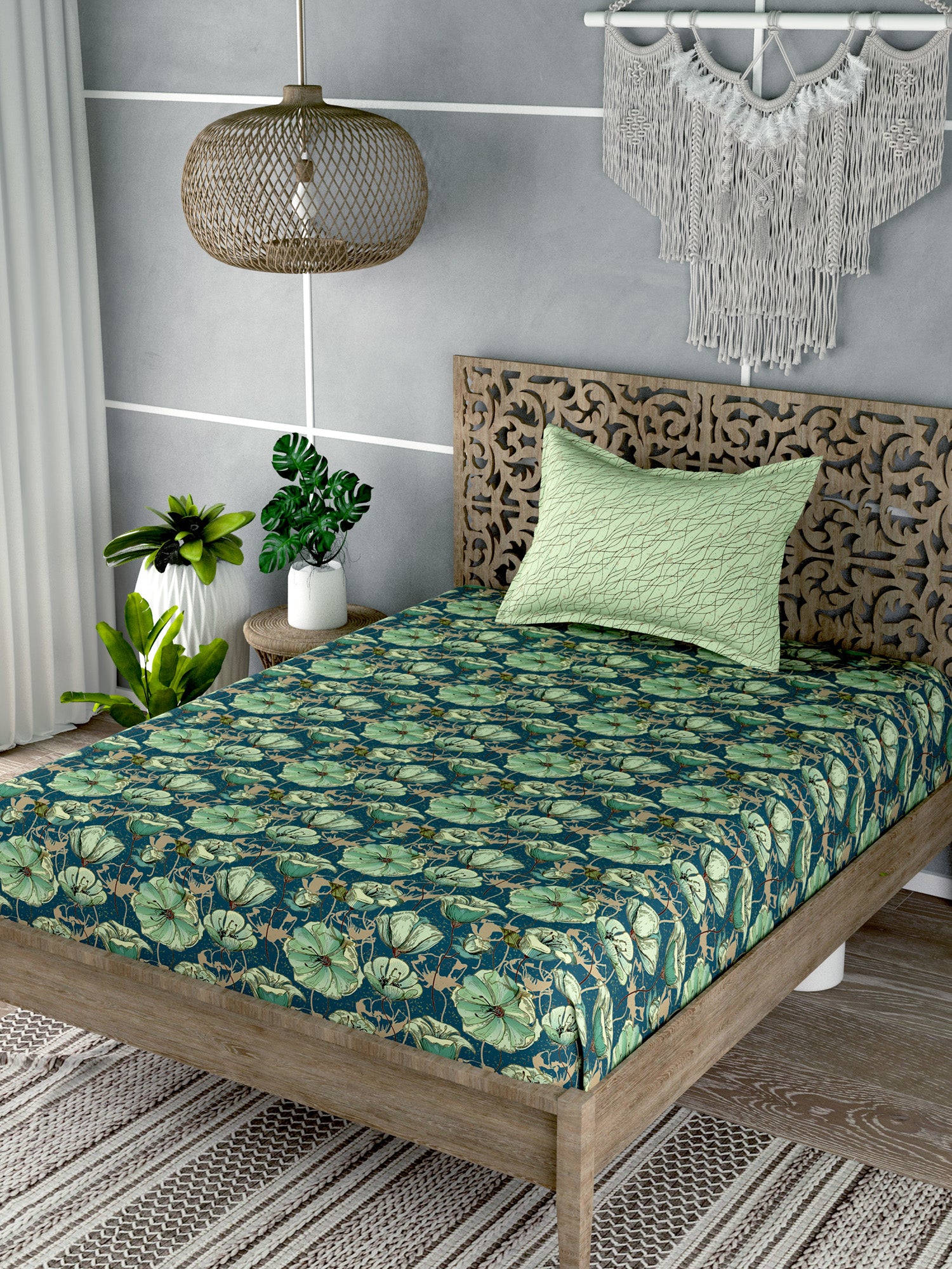 Green & Blue Floral Print Single Bedsheet with 1 Pillow Cover