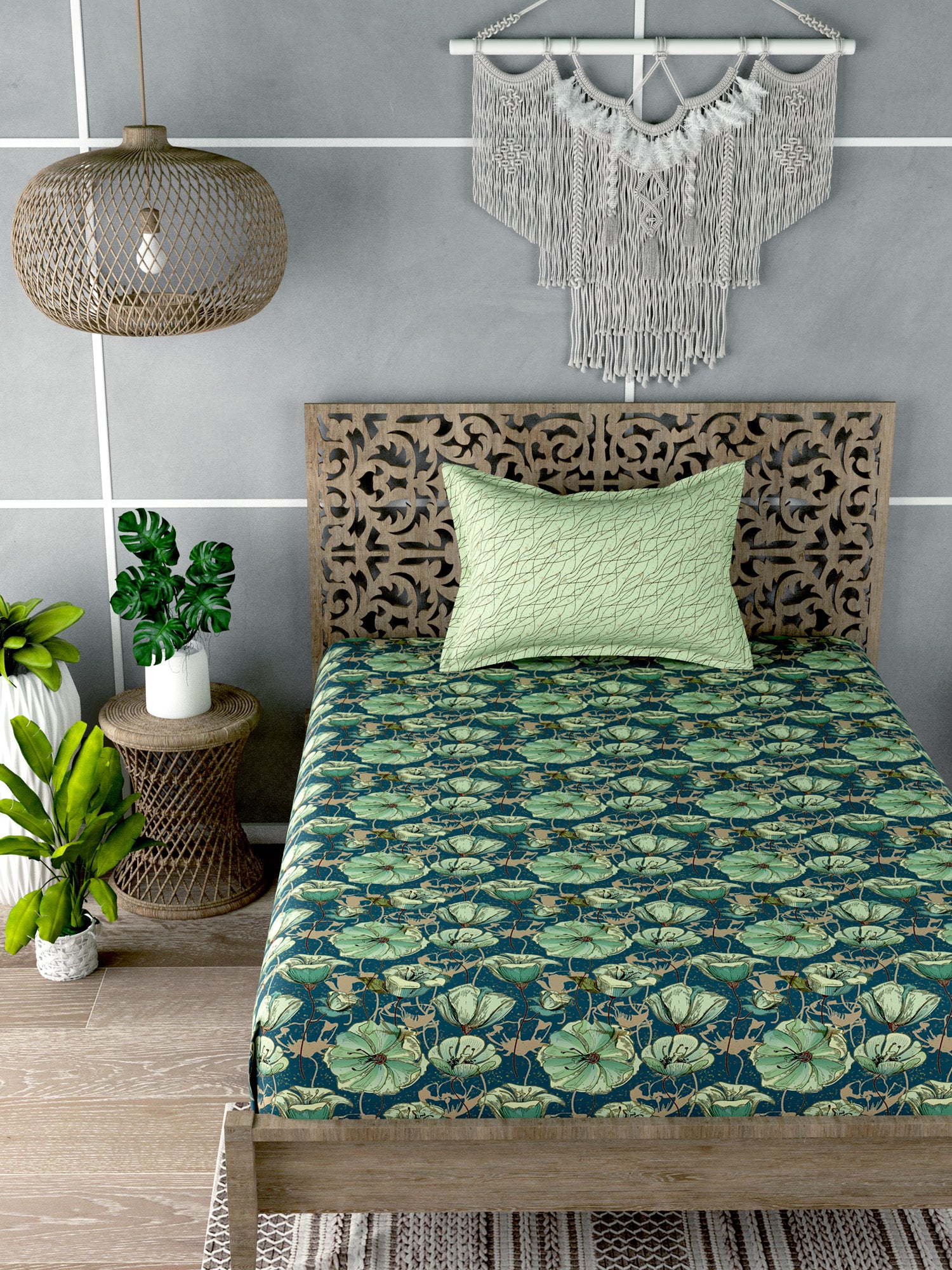 Green & Blue Floral Print Single Bedsheet with 1 Pillow Cover