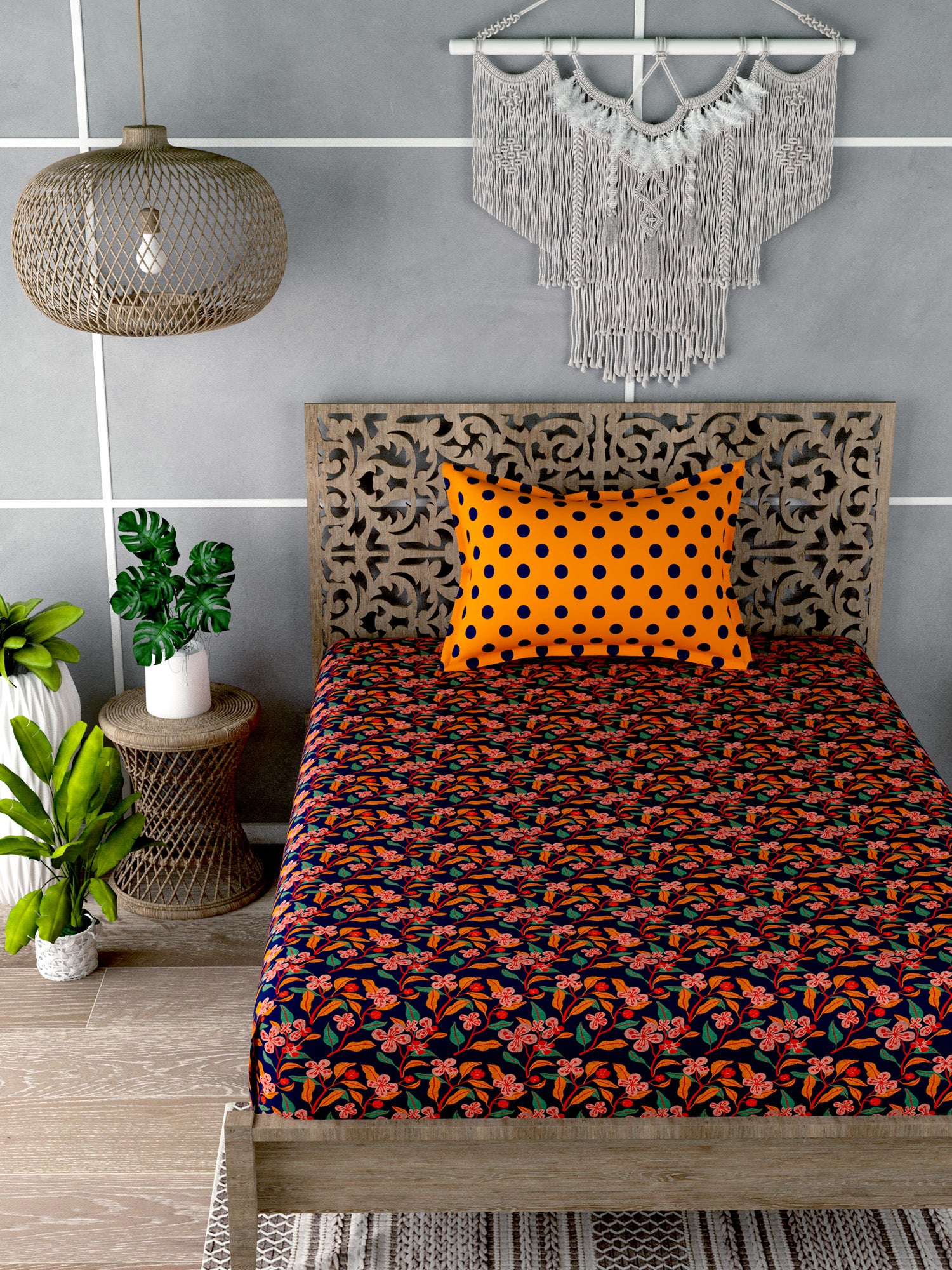 Navy Blue&Orange Floral Print Single Bedsheet with 1 Pillow Cover