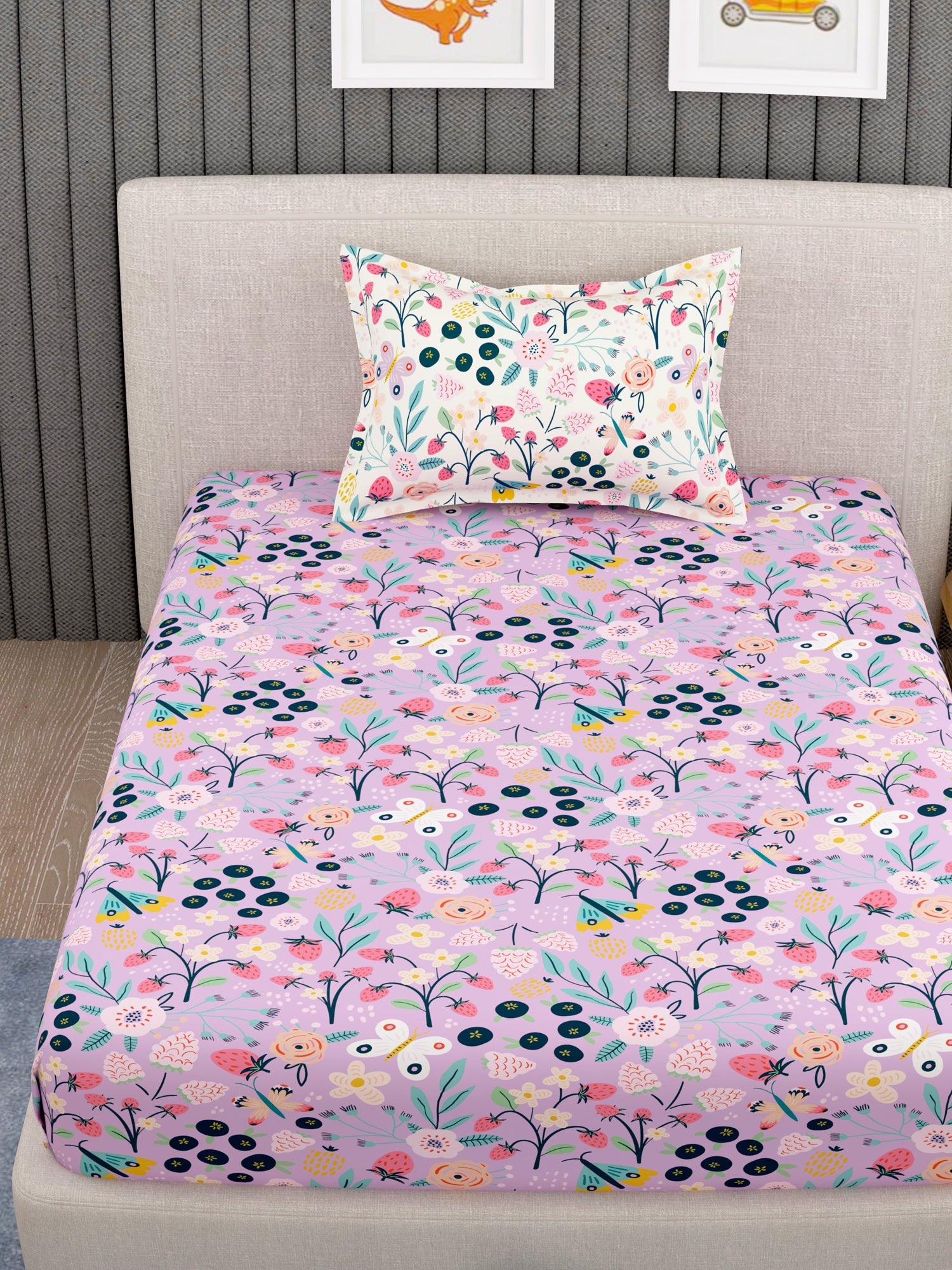 EverHome Pink Floral Print 100%Cotton Single Bedsheet with 1 Pillow Cover (150X224 cm)