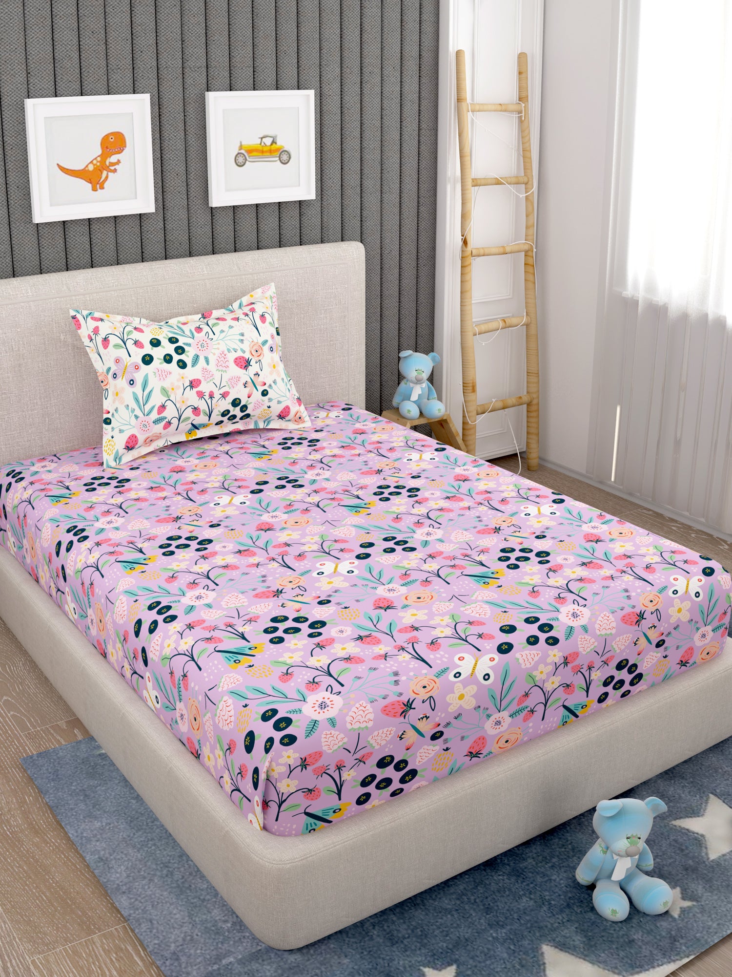 EverHome Pink Floral Print 100%Cotton Single Bedsheet with 1 Pillow Cover (150X224 cm)
