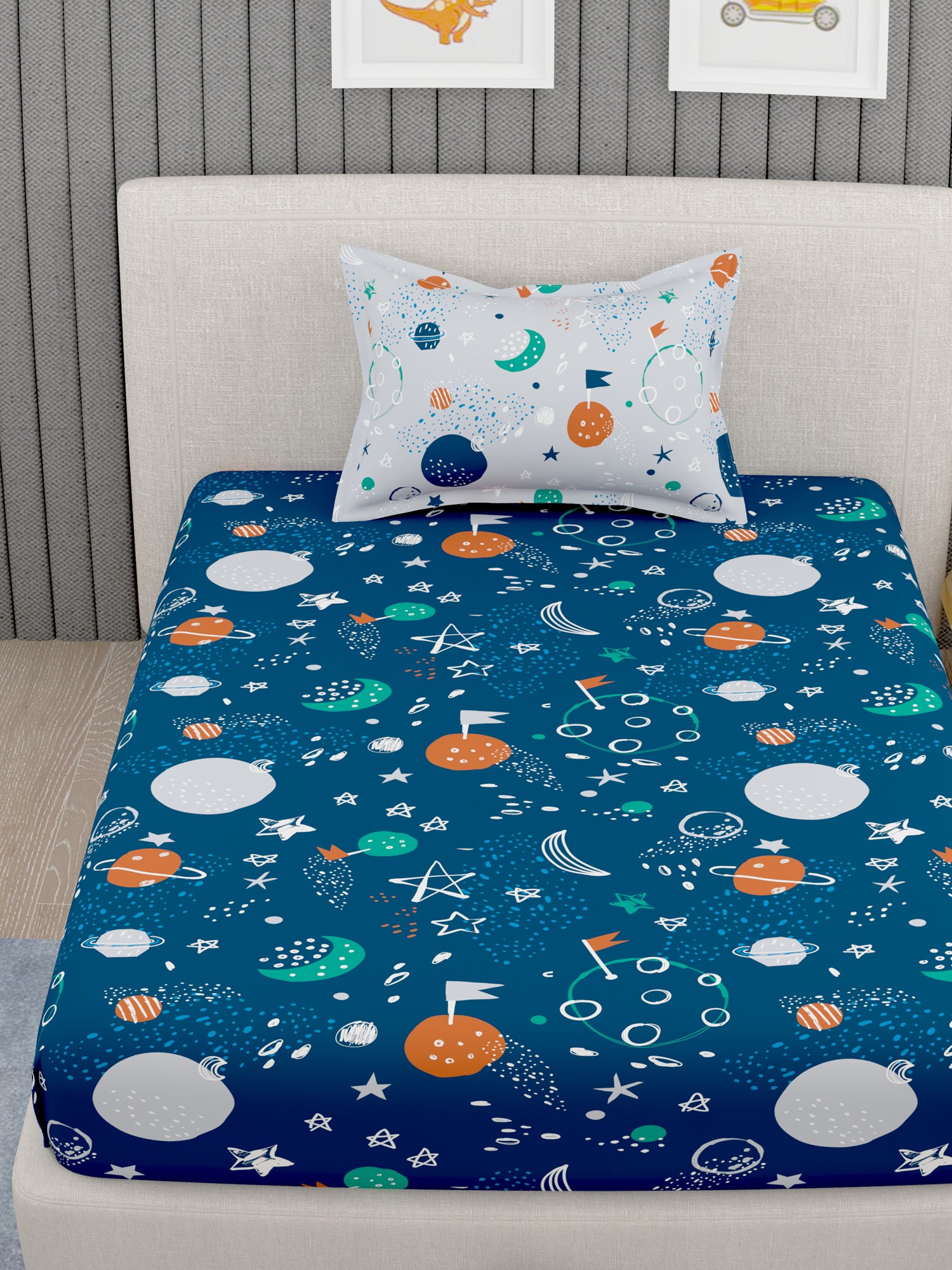 EverHome Blue Conversational Print 100%Cotton Single Bedsheet with 1 Pillow Cover (150X224 cm)