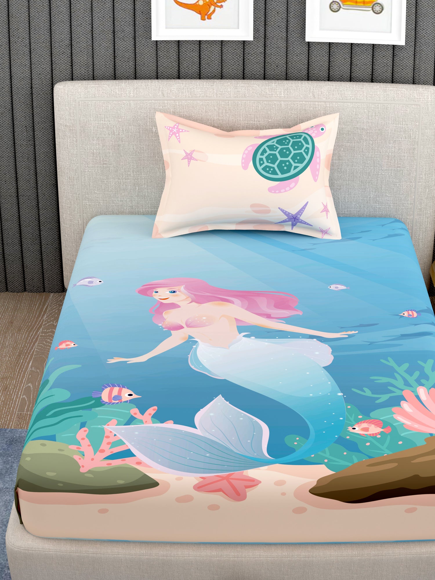 EverHome Blue Cartoon Character 100%Cotton Single Bedsheet with 1 Pillow Cover (150X224 cm)