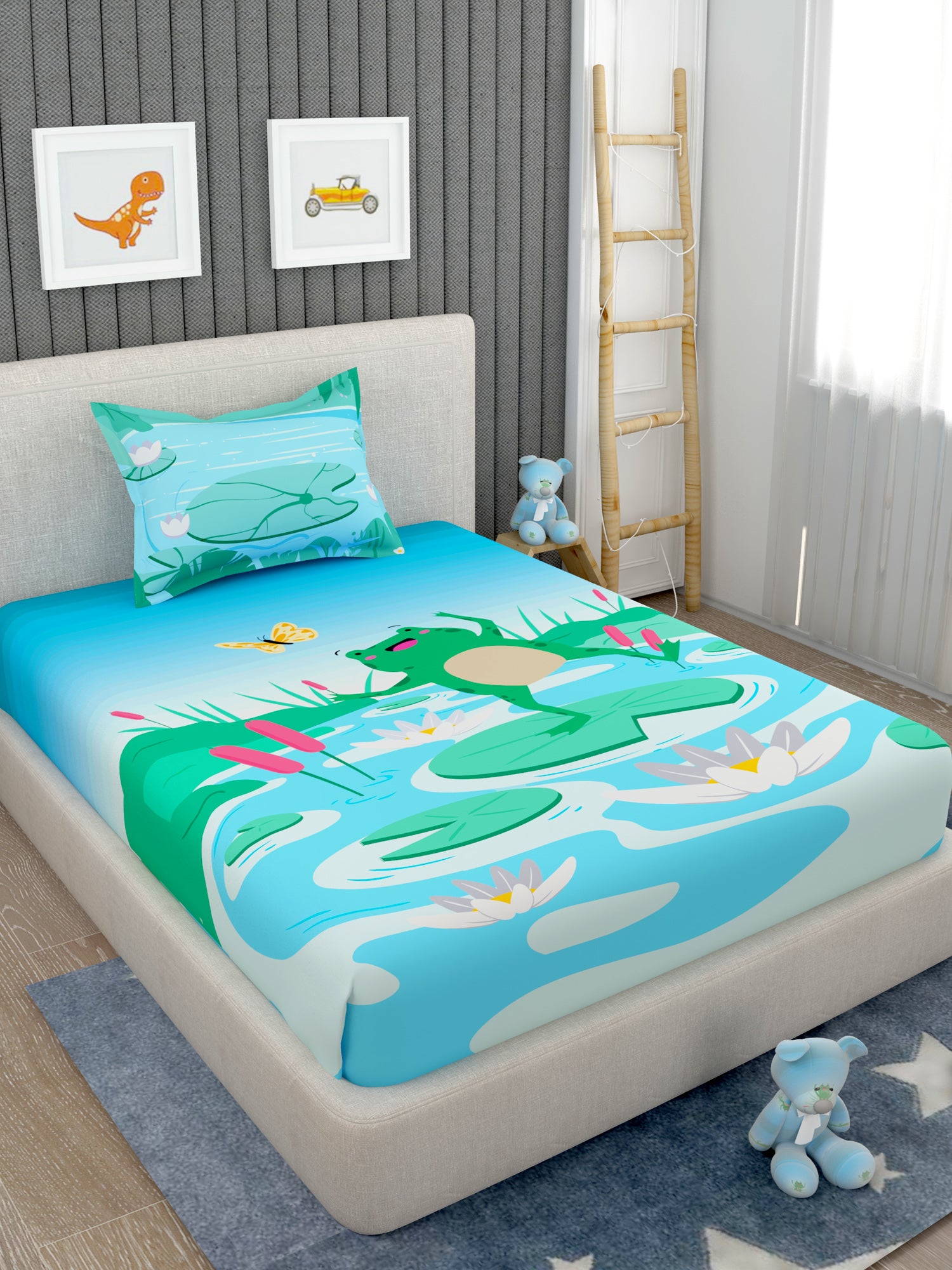 EverHome Blue and Green Animal Print 100%Cotton Single Bedsheet with 1 Pillow Cover (150X224 cm)