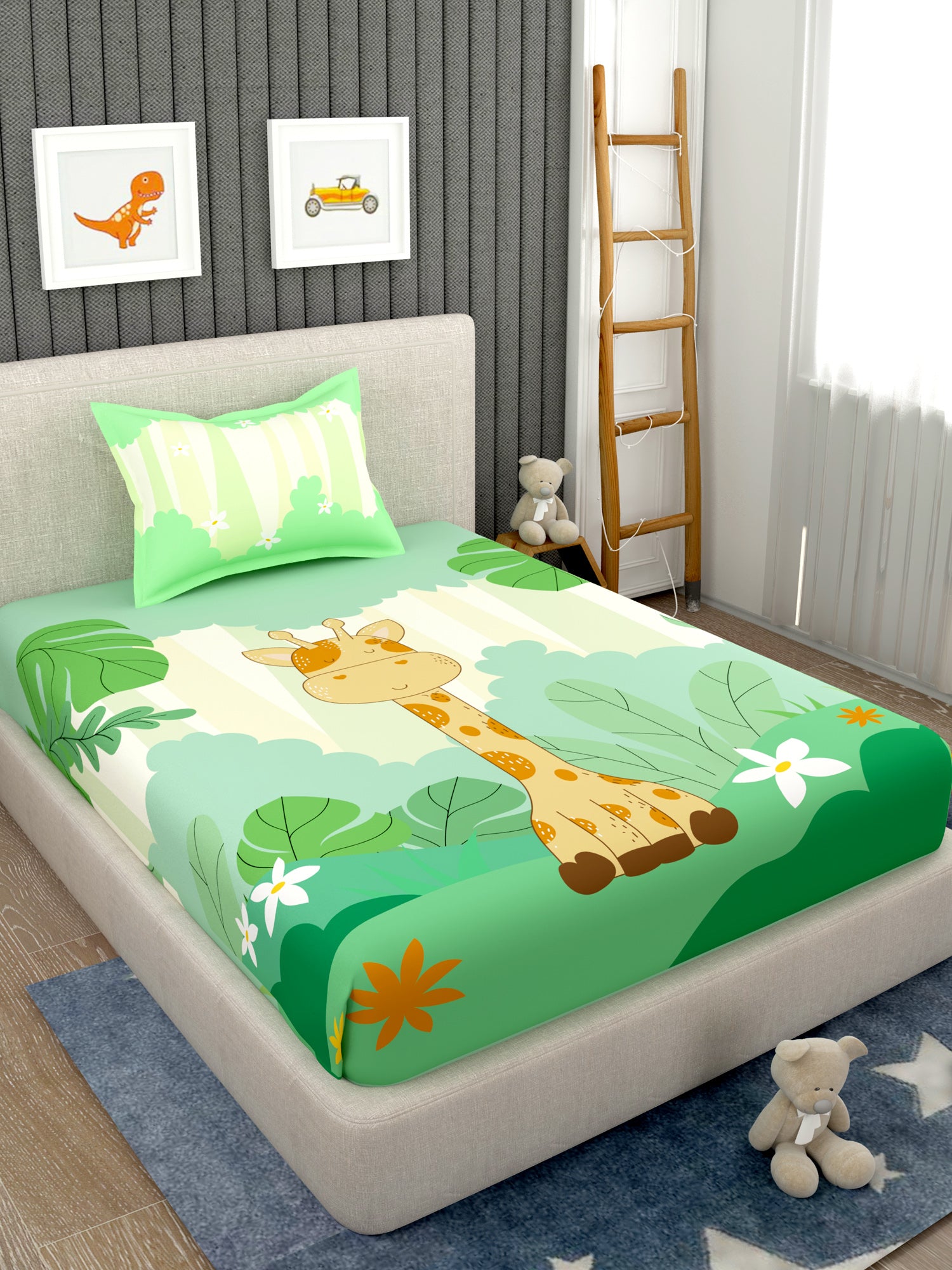 EverHome Green Animal Print 100%Cotton Single Bedsheet with 1 Pillow Cover (150X224 cm)
