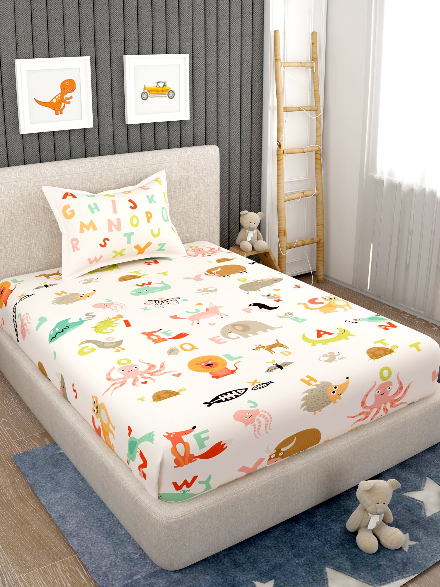 EverHome Cream Conversational Print 100%Cotton Single Bedsheet with 1 Pillow Cover (150X224 cm)
