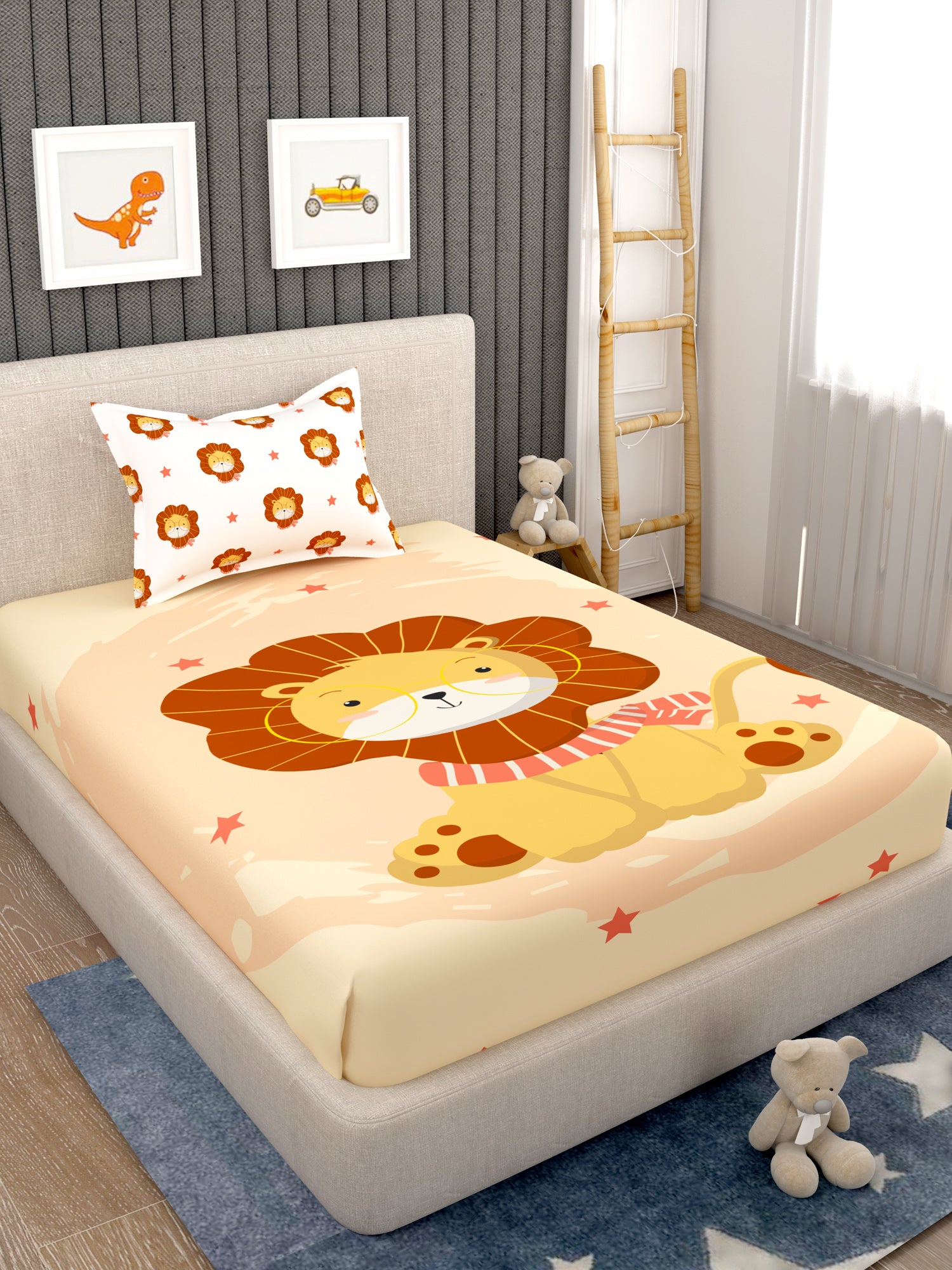 EverHome Orange Animal Print 100%Cotton Single Bedsheet with 1 Pillow Cover (150X224 cm)